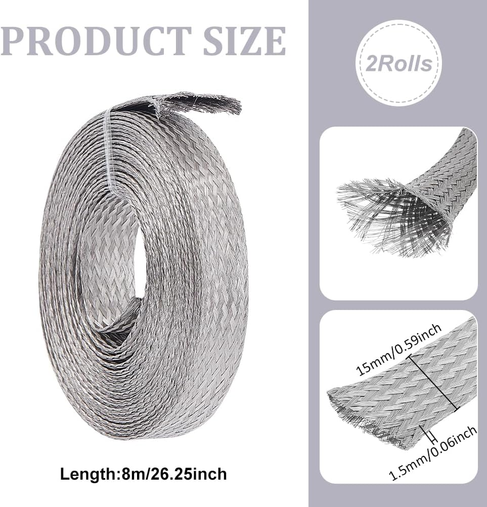 UNICRAFTALE 1.88"（15Mm）Wide Braided Sleeving Braid Stainless Steel Cable Wire Shielding Sleeve Ground Straps Protection Metal Mesh Flexible Expandable Scalable Ribbon Wire for Protect Cable 26 Feet image number 2