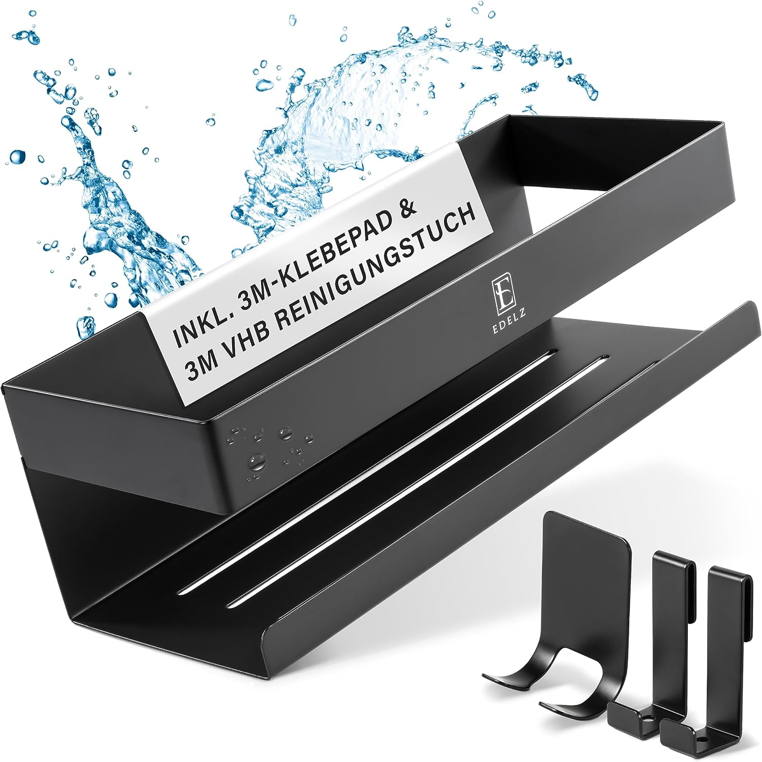 EDELZ&reg; Bathroom Shower Caddy Shower Basket No Drilling - Shampoo Holder for Shower for Gluing Made of Stainless Steel with Original 3M Adhesive Pads, 2 Movable Hooks, Extra Razor Holder (Stainless Steel Black)