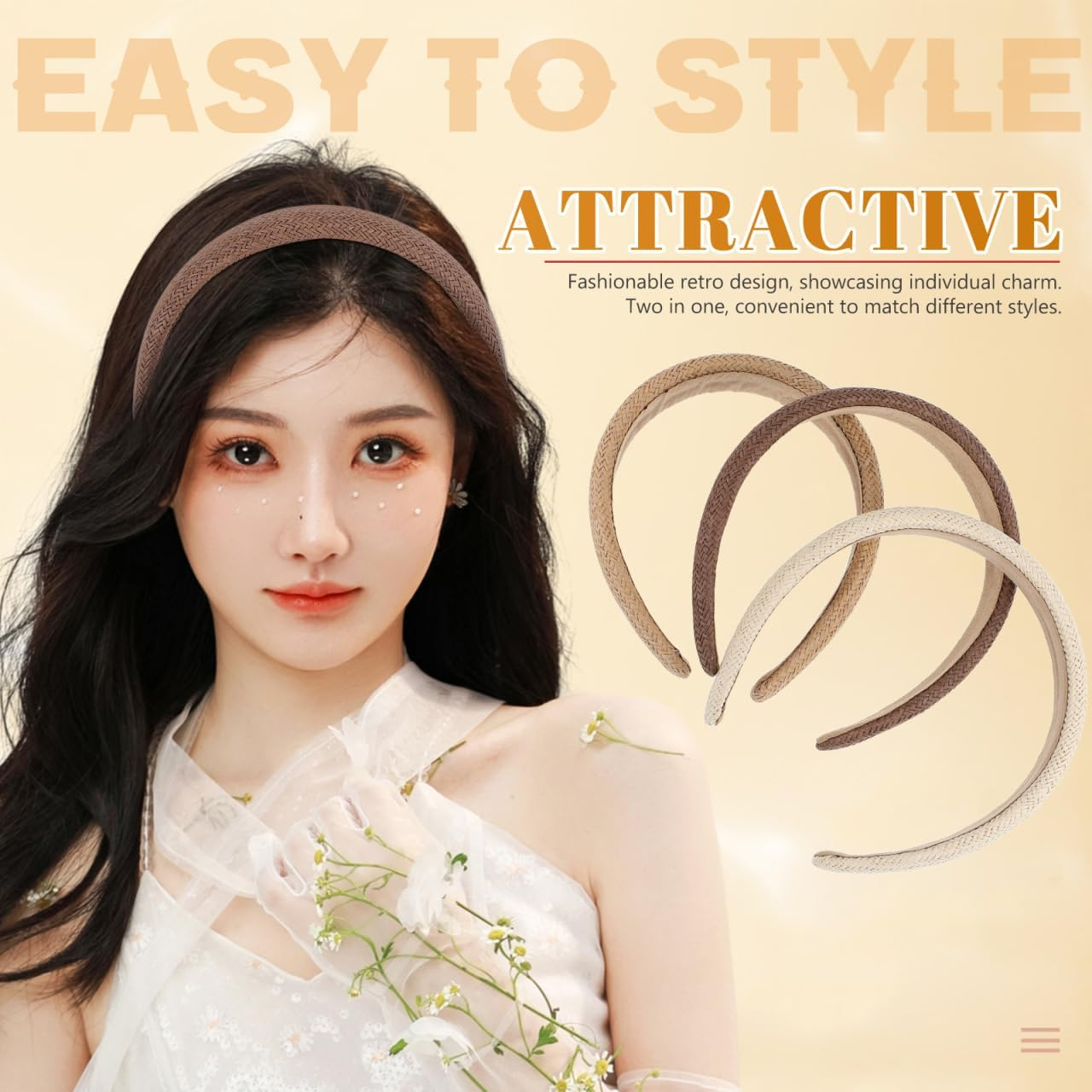 Beavorty Braided Hair Band for Women, 3 Pieces Non-Slip Boho Hair Bands Transatlantic Raffia Plastic for Women Outdoors