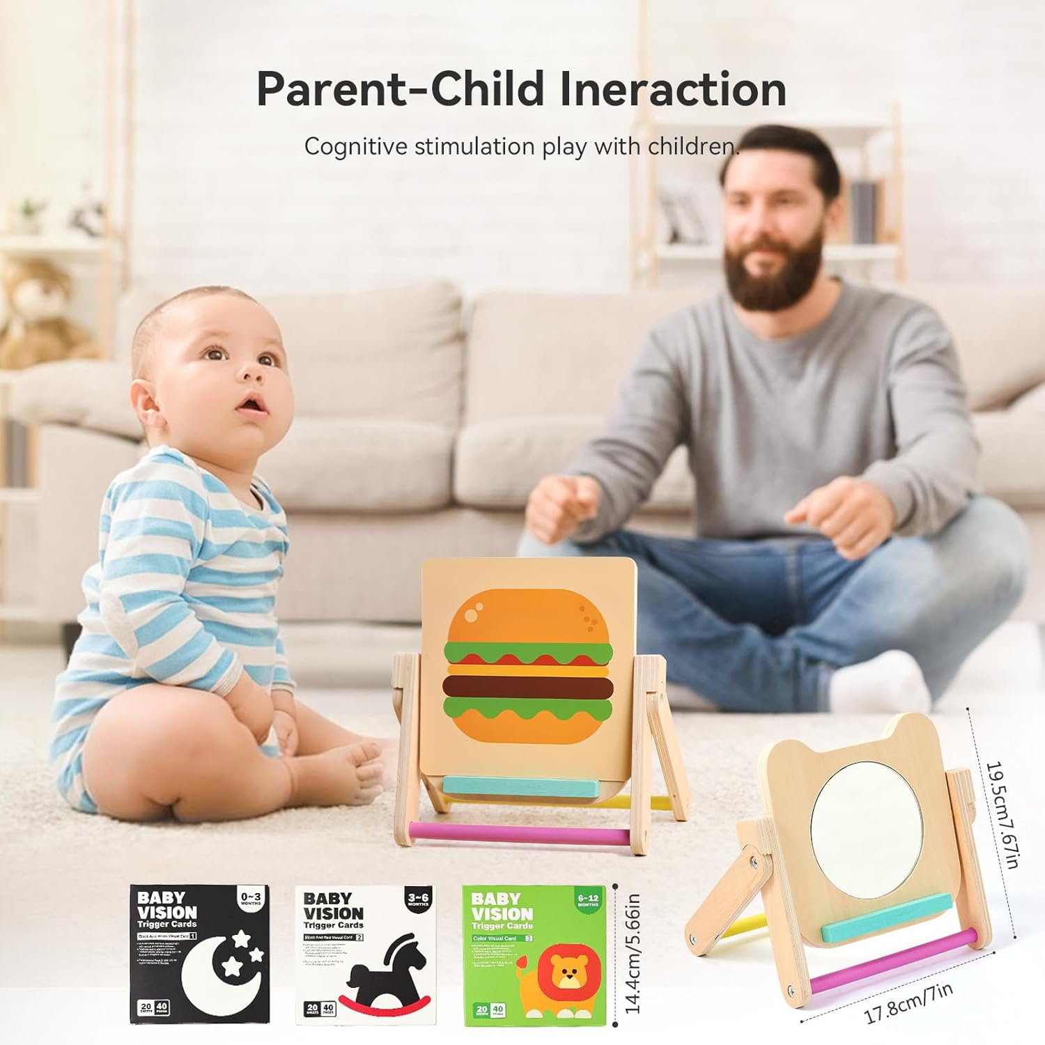 Rotating Baby Safe Mirror with 120 Pages Visual Stimulation Cards - Wooden Tummy Time Mirror Toys - Black White Red and Color High Contrast Baby Flashcards for Brain and Cognitive Development image number 3