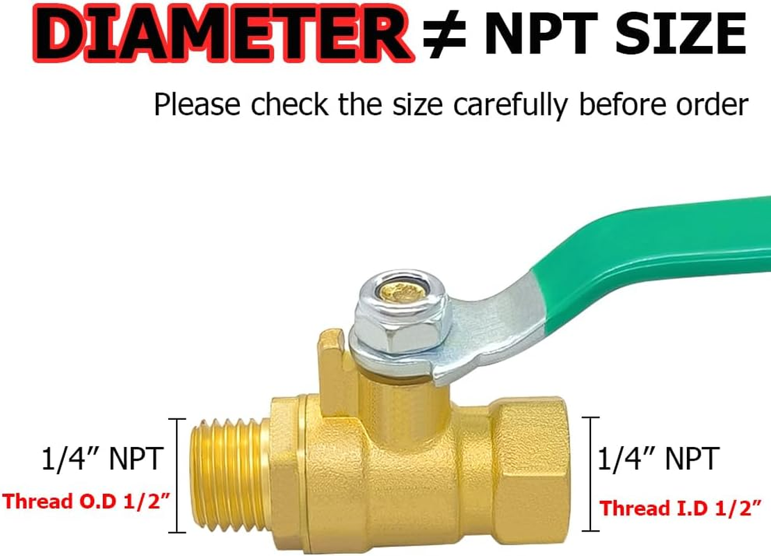 Hooshing 2PCS 1/4" Brass Ball Valve Shut off Switch Air Compressor Valve 1/4 Inch NPT Male and Female Pipe Fitting