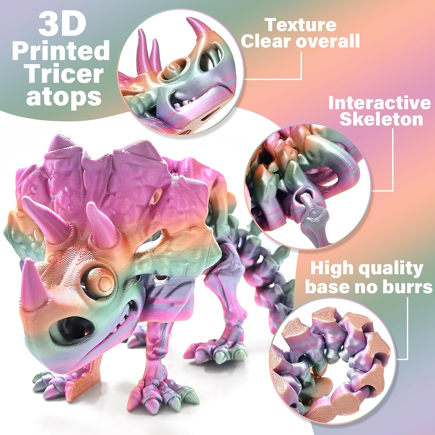 TEAONE 3D Printed Dinosaur, Triceratops Dinosaur Toy for Desktop Decorations, Fidget Toys (22.5Cm/8.85In, Rainbow Color) image number 4