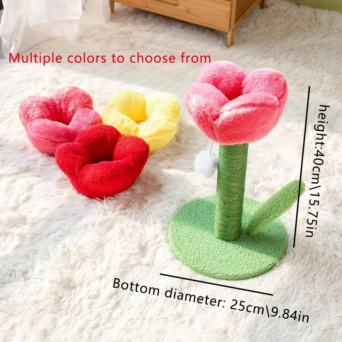 Jade Deals Tulip Cat Scratching Post, 15.75In Height & 9.84In Base Diameter, Durable Sisal-Wrapped Post, Plush Flower Top Rest Spot, Attached Fluffy Ball Toy, Furniture Protector for Cats - Rose Red image number 5