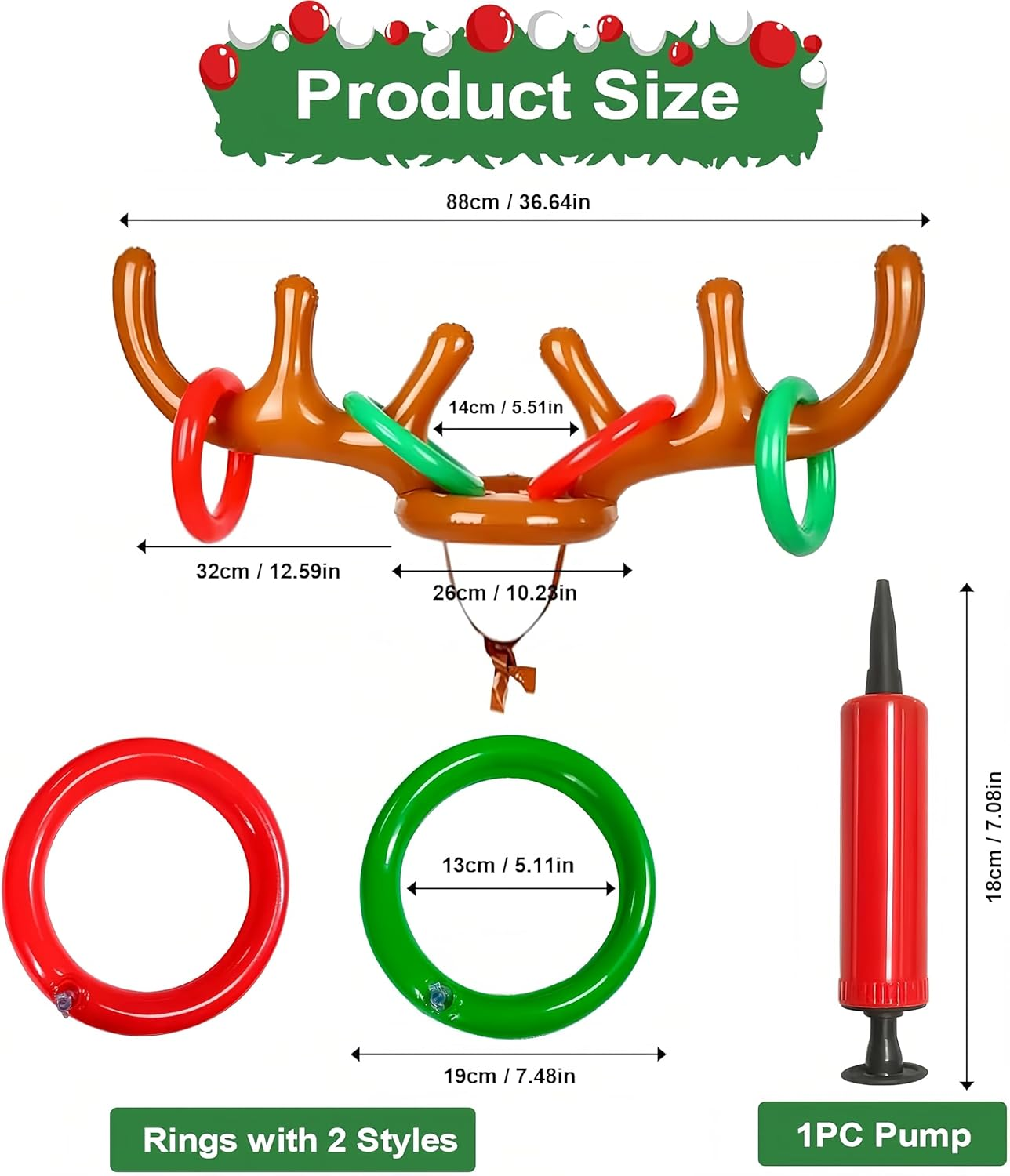 Inflatable Reindeer Antler Ring Toss Game,Inflatable Reindeer Antler Hat,Christmas Party Ring Toss Games Favors Supplies (3 Antlers 12 Rings 1 Air Pump) image number 3