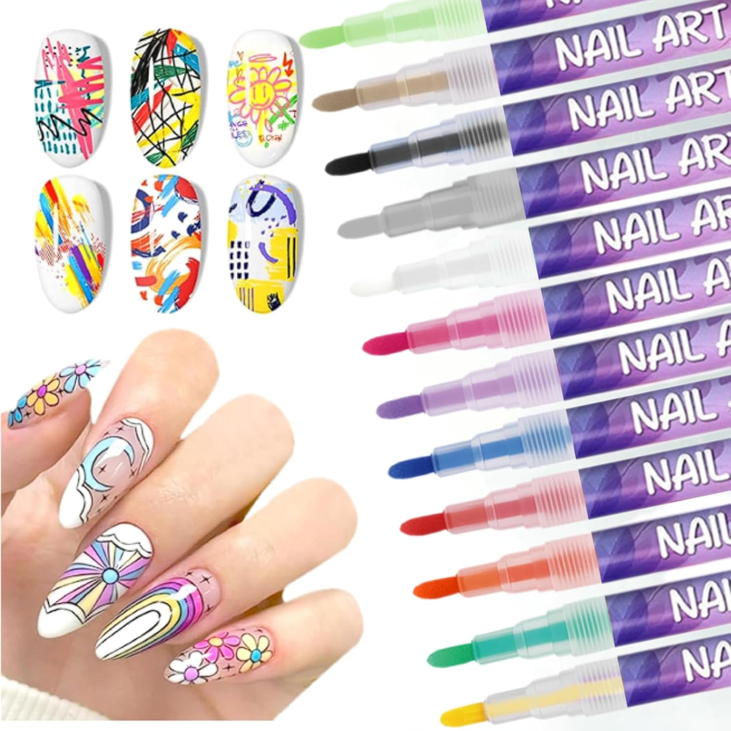 12 Colors Nail Art Pens Set, 3D Acrylic Nail Polish Pens with 0.5Mm Fine Tip, Quick-Dry Waterproof Nail Marker for Drawing, Painting & Dotting, Nail Design Kit for Home Salon DIY Manicure Decoration image number 3