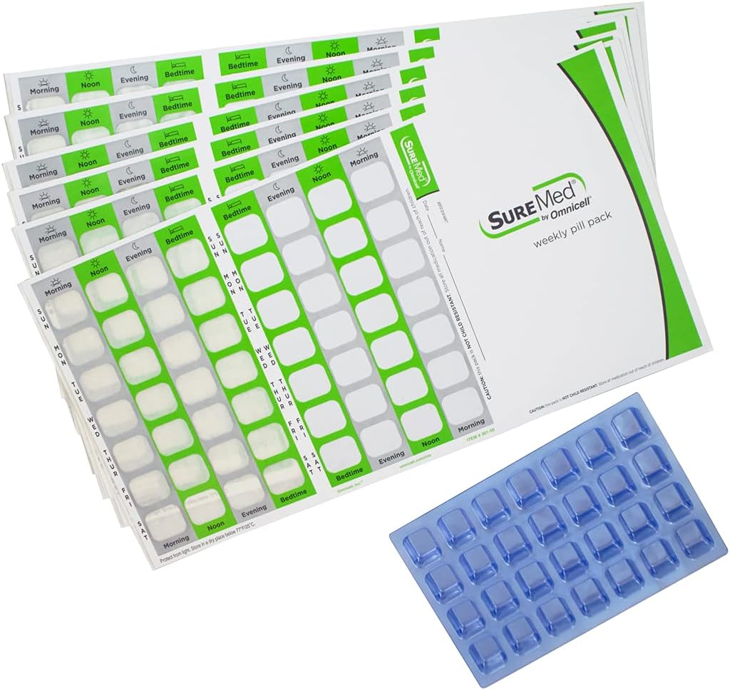 4 Times a Day Weekly XL Cold Seal Pharmacy Blister Pack System Cards for Pills -Two Piece Unit Dose Tri-Fold Booklet, Easy No Extra Equipment Needed (4X a Day Weekly - 6 Pack)