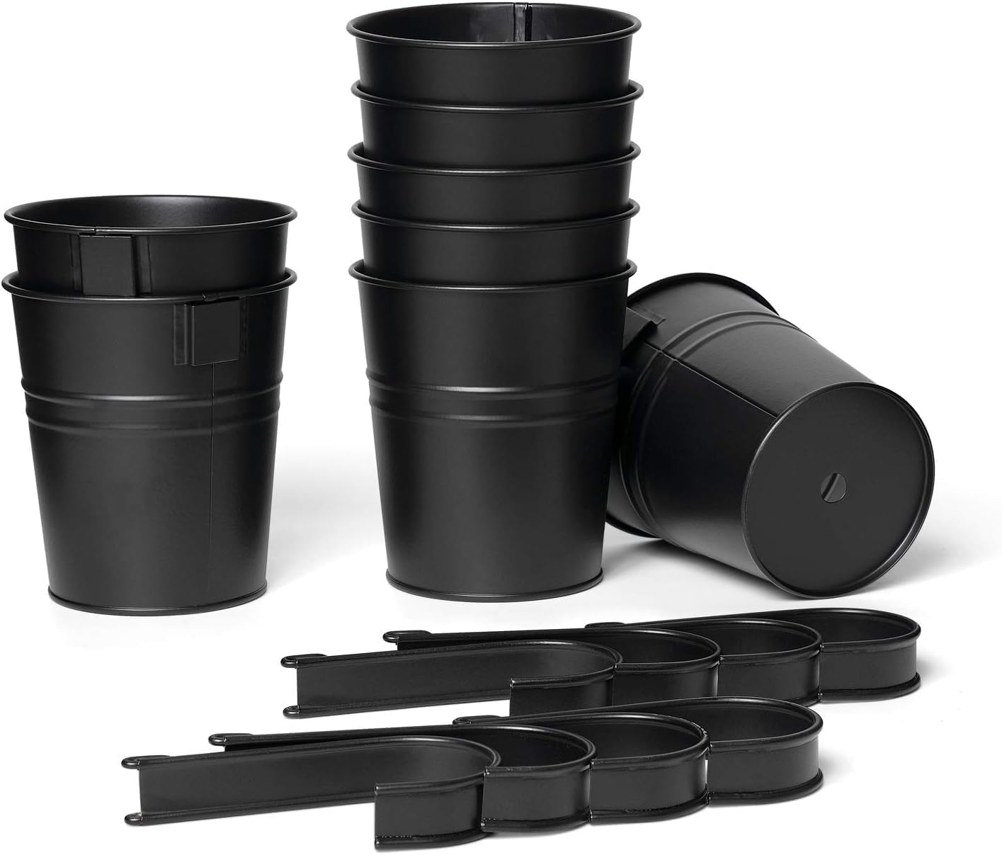 8 PCS Black Metal Hanging Flower Pots Iron Bucket Planters for Balcony Railing and Fence &ndash; Decorative Flower Holders with Removable Hooks, 4 Inch (Black) image number 4