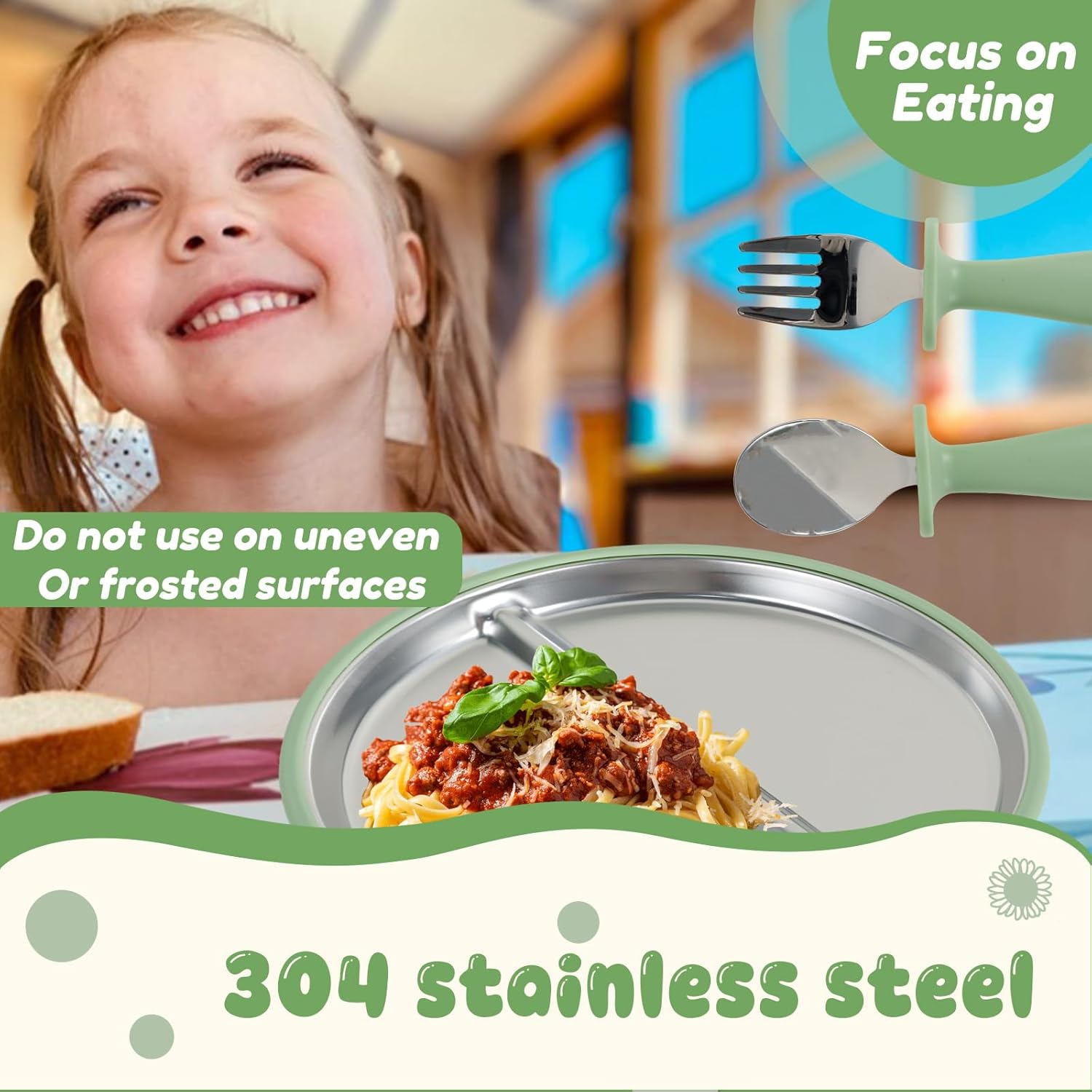 Awobepl 6Pcs Stainless Steel Suction Plate Firm Adhesion Utensils with 4 Silicone Suction Cup anti Drop for Children (Light Green) - Light Green image number 6