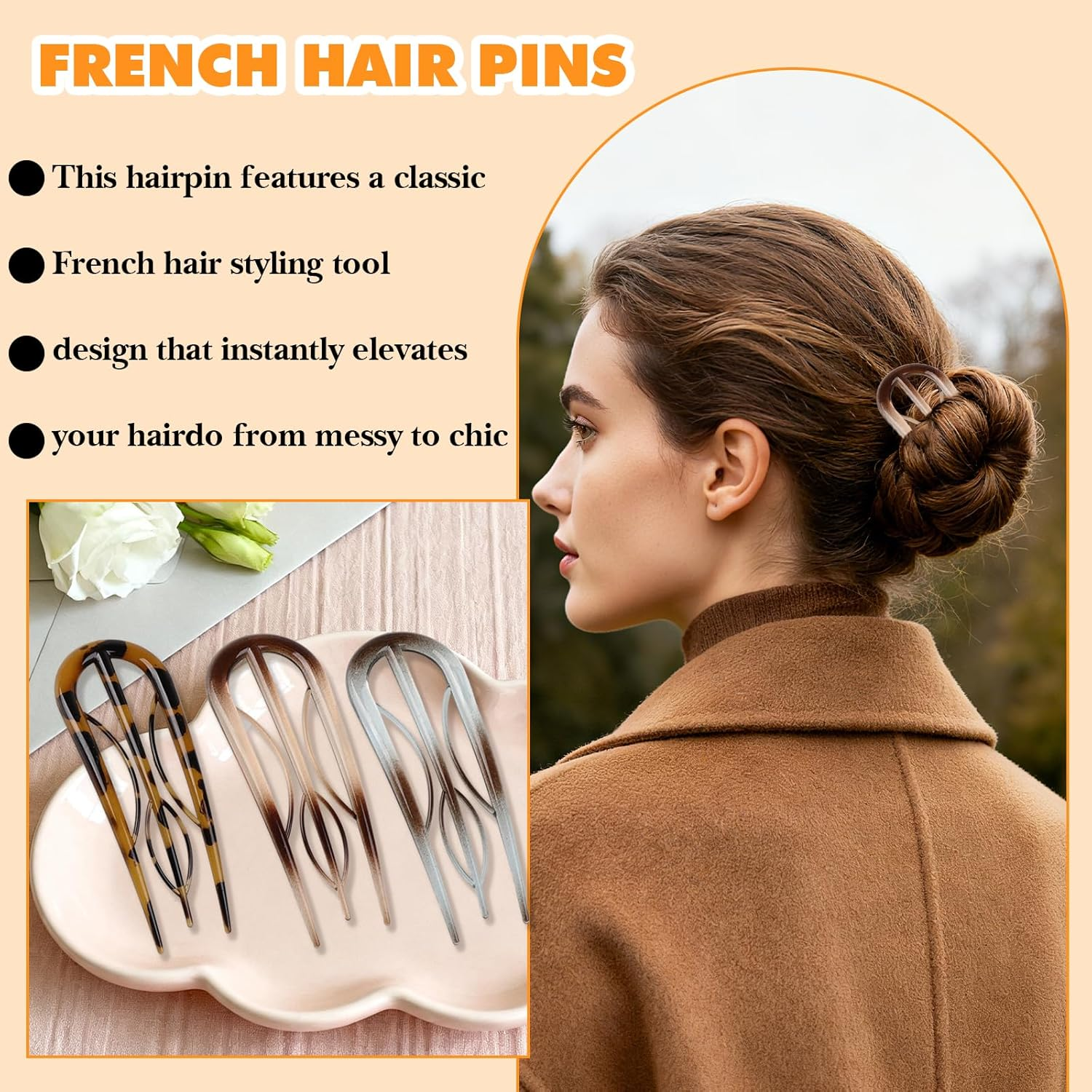 6PCS French Hair Pin for Women U-Shaped French Pin Flat Hair Styling Pins for Updos Chignons and French Twists Elegant Hair Clips for Women All Hair Types Accessories image number 6