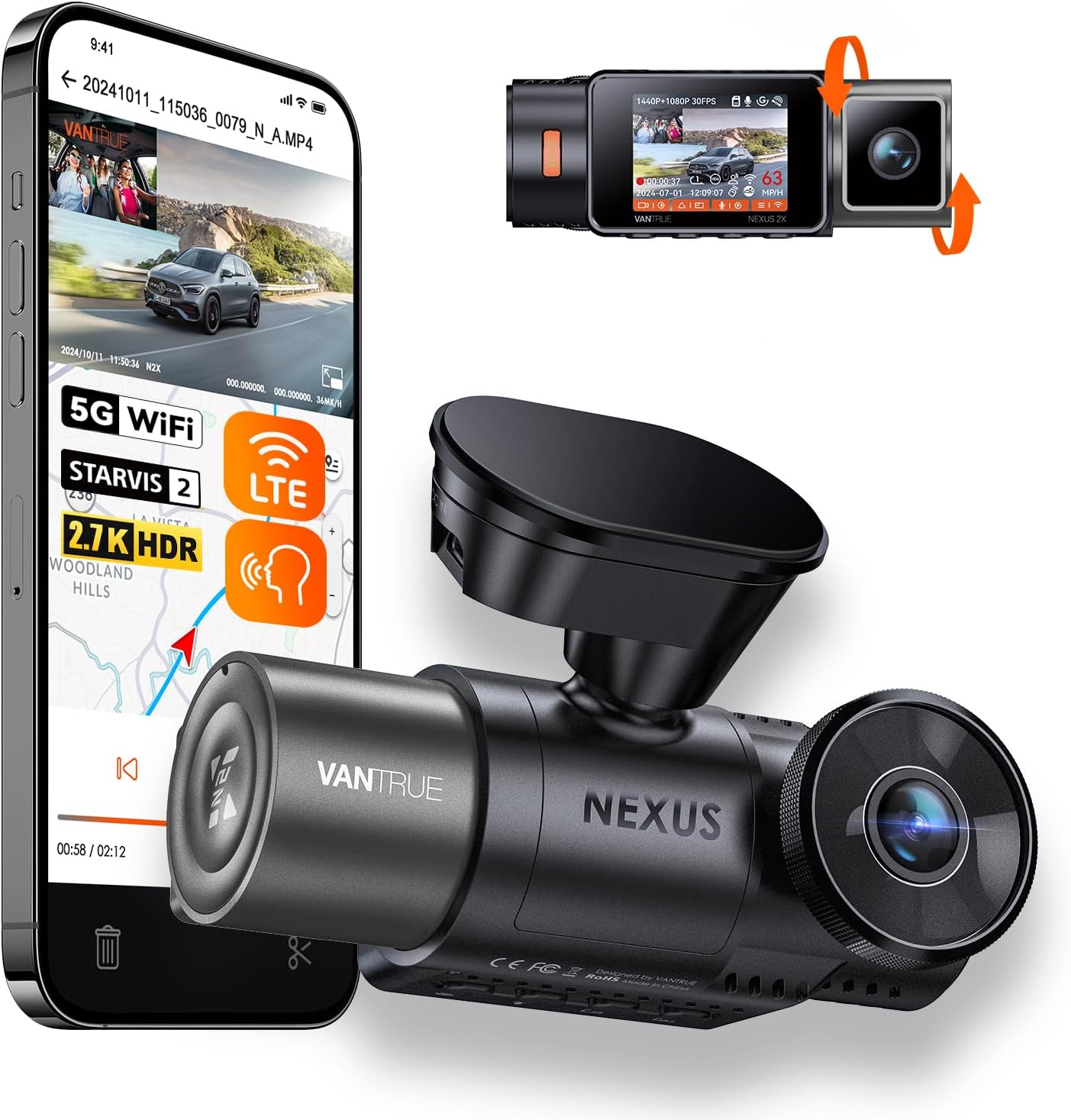 Vantrue N2X 2.7K Dash Cam Front and Inside, 5G Wifi Dual Dash Camera for Car with STARVIS 2, HDR IR Night Vision, GPS, 24/7 Parking Mode, LTE Remote Monitoring, Voice Control, Support 512GB Max image number 3