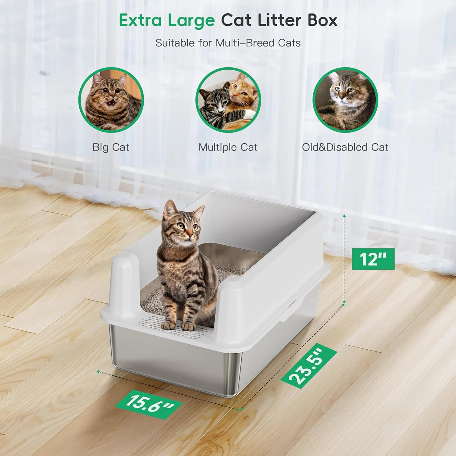 Stainless Steel Litter Box,Xl High Side Semi-Enclosed Cat Litter Box for Large Cats,Metal Cat Litter Pan with Scoop,Non Stain,Rusty and Sticky Metal Kitty Litter Box for Multiple Cats(White)