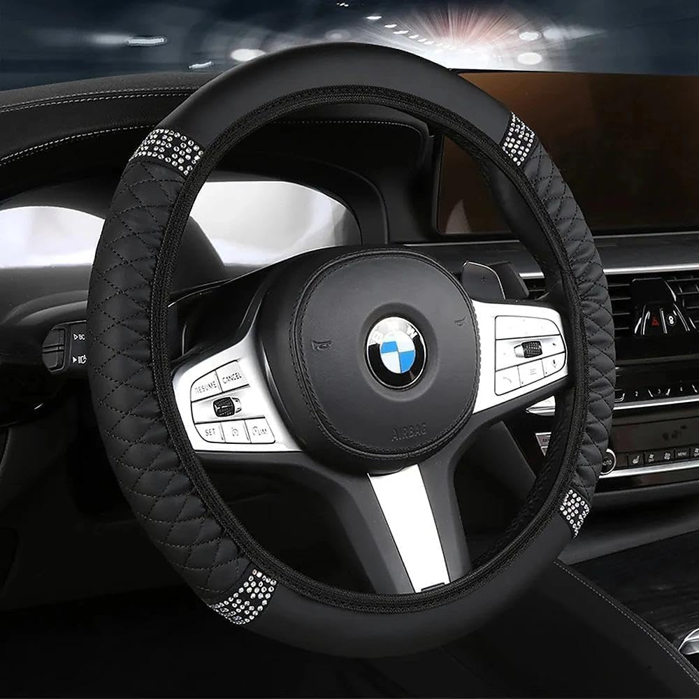 Car Steering Wheel Cover, 15 Inch Bling Rhinestone Soft Leather, Diamond Crystal for Women, Elastic Steering Wheel Protector for Most Cars (Black) image number 2