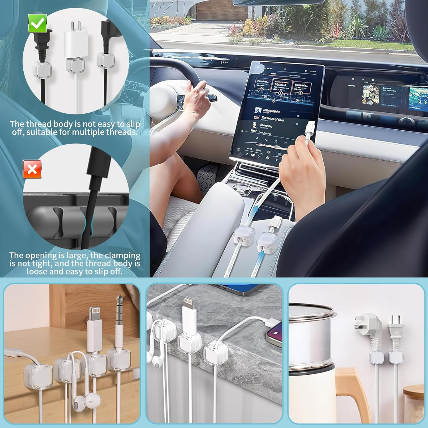 6 Pack Magnetic Cable Clips, Adhesive Cable Organize, Cord Management Holder, under Desk Cord Tidy Clips, Phone Wire Keeper, USB Charger Cable Holder for Nightstand Kitchen Appliances Car Office (WH) image number 6