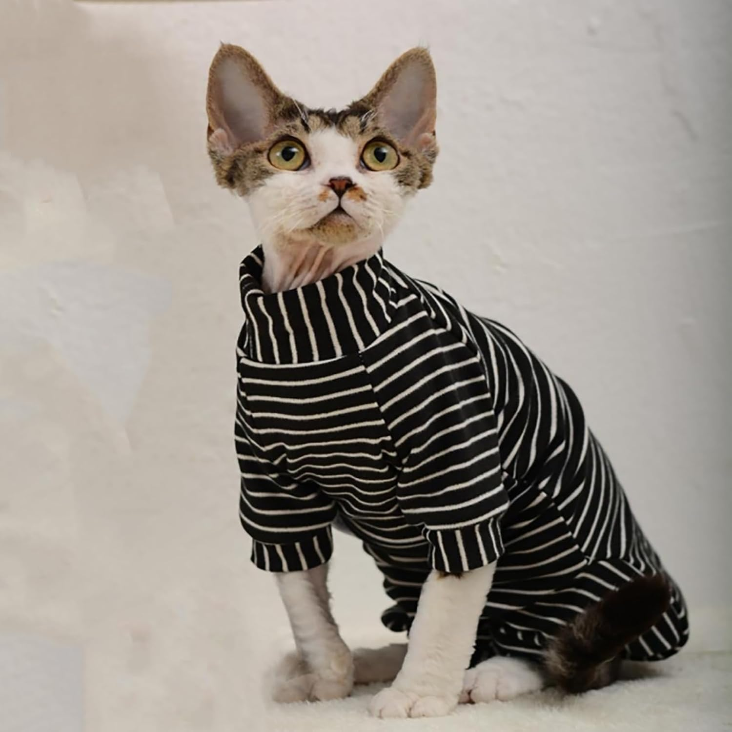 IUOUTG Hairless Cat Clothes Four Leg Breathable Sphynx Cat Apparel Stripes Cat T-Shirts with Sleeves Turtleneck Kitten Pullover Shirts Cat Pajamas Jumpsuit for Sphynx Devon Cornish image number 3