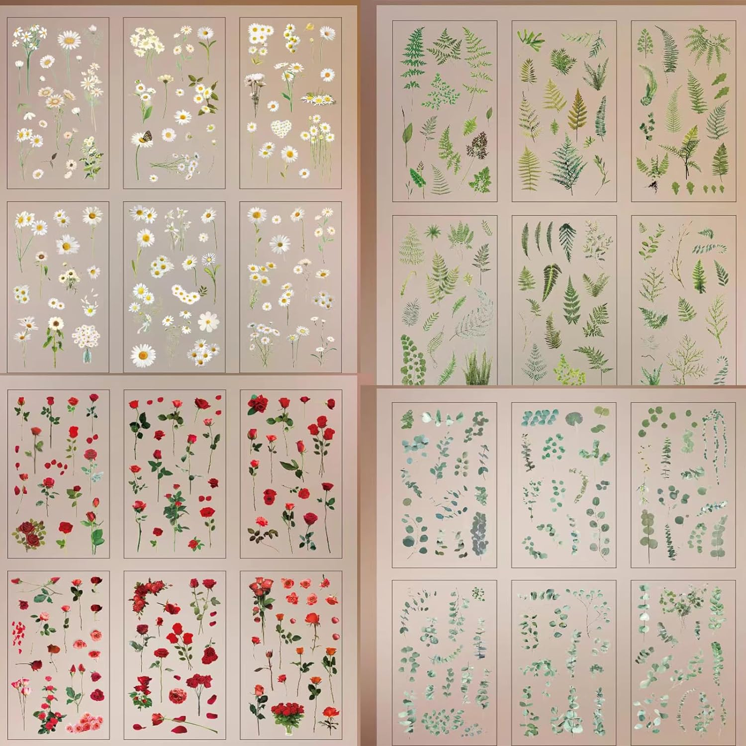 Scrapbooking Supplies Stickers (720Pcs /8Pack), Vintage PET Transparent Decorative Pretty Retro Floral Stickers Set, Self-Adhesive Flowers Daisy Nature Themes Stickers for DIY Art Journaling Crafts image number 2