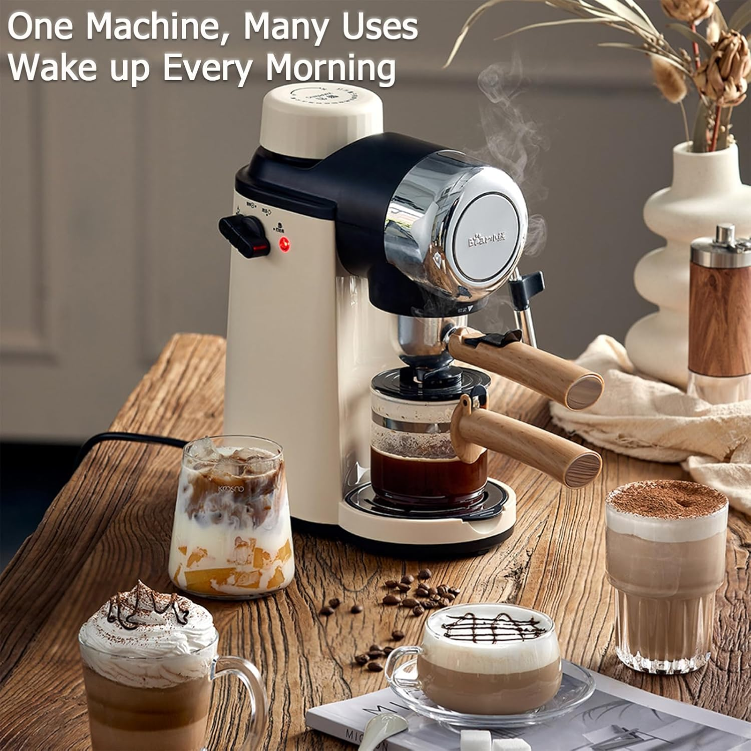 BEAR Espresso Coffee Machine, Cappuccino Coffee Machine with 5 Bar Pump Pressure, Milk Frother, Stainless Steel Boiler, 240Ml Coffee Pot, Knob Switch