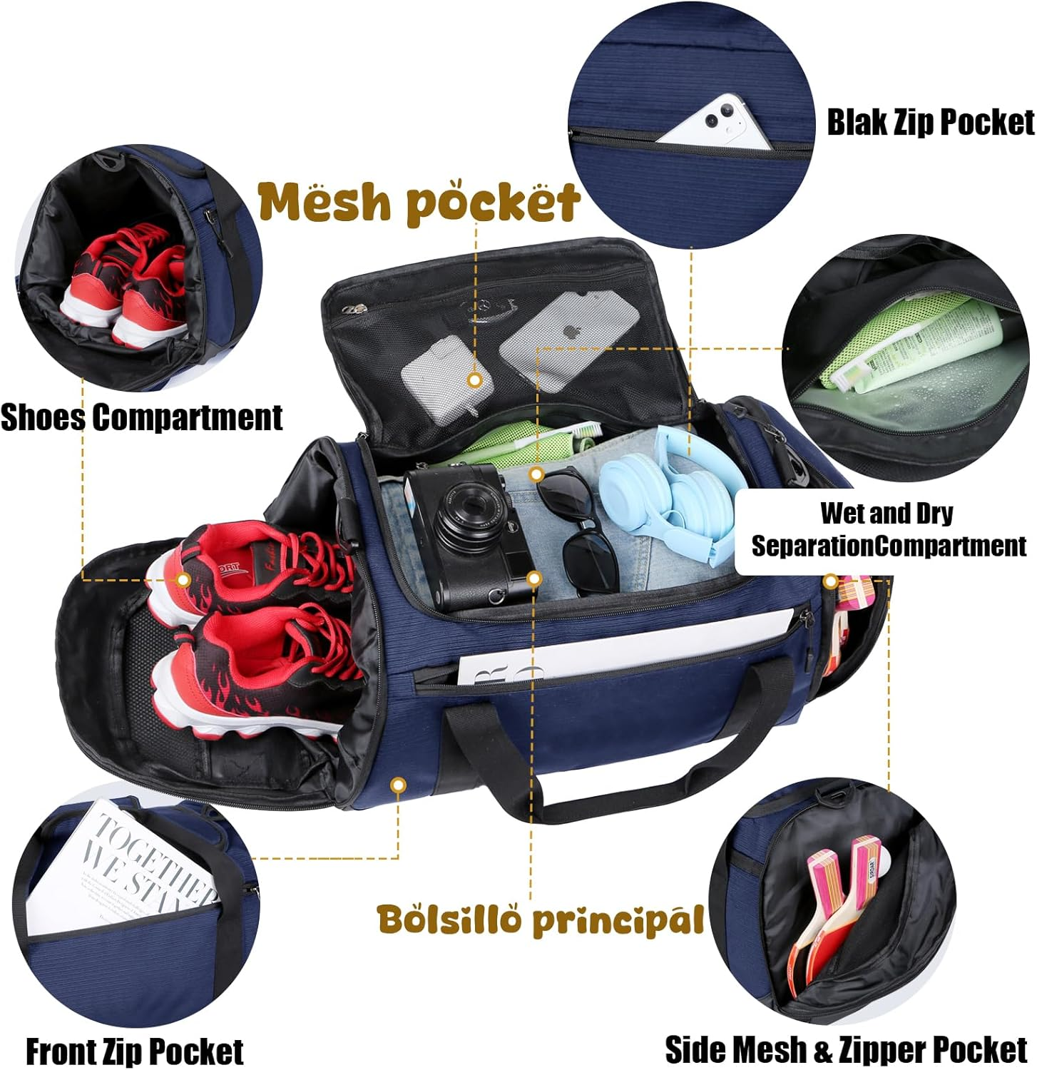 FALAZAR Duffle Bag for Men Women 40L Waterproof Travel Duffel Bag with Shoes Compartment Lightweight Sport Gym Bag with Wet Pocket Weekender Overnight Bags,Blue - Blue image number 3