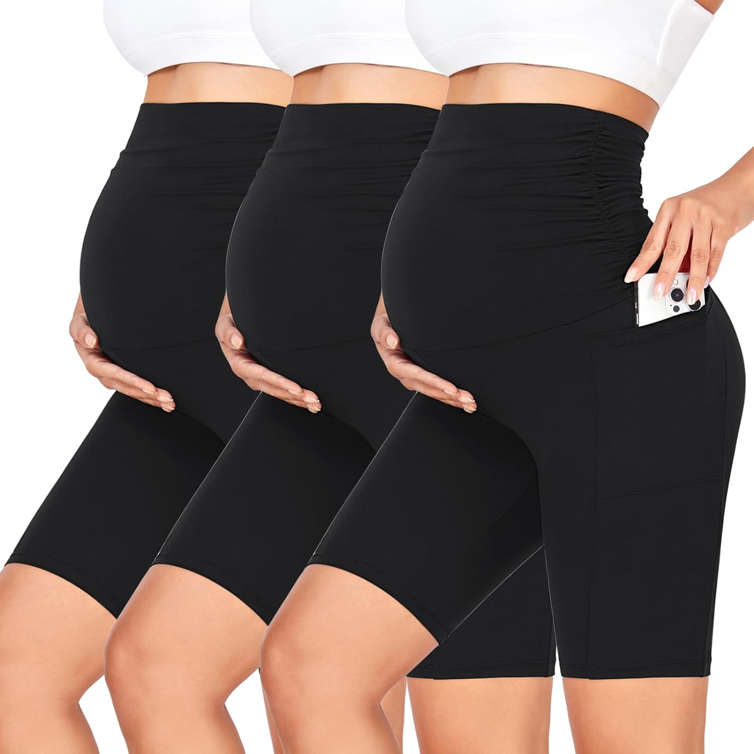 GROTEEN 3 Pack Women'S Maternity Shorts over Belly with Pockets - 8'' High Waisted Workout Yoga Pregnancy Biker Shorts