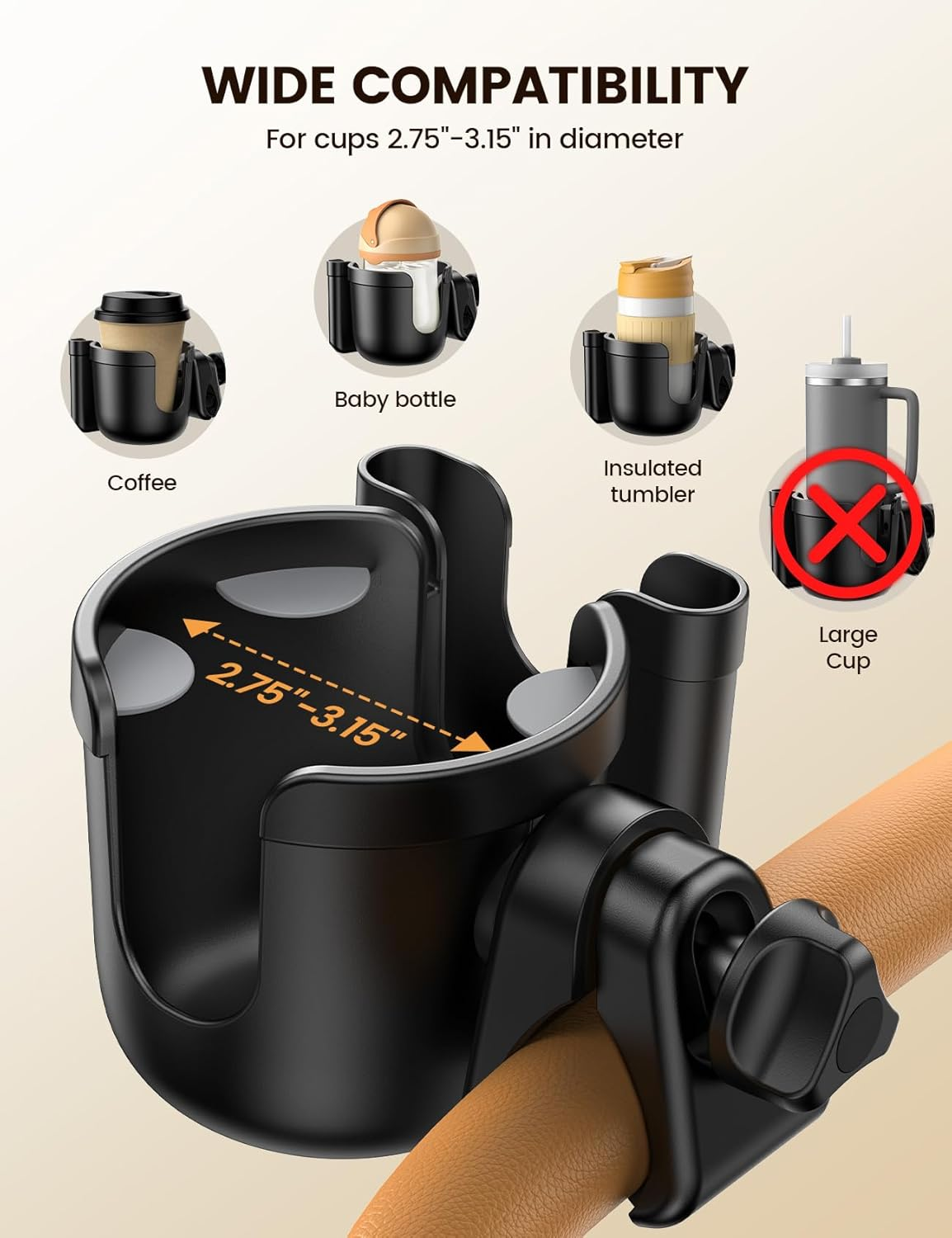 Lamicall Stroller Cup Holder with Phone Holder - Stable Anti-Slip Stroller Cup Holder Attachment for Uppababy, Nuna, Doona, 360&deg; Rotatable Stroller Accessories for Walker, Wheelchair, Bike, Scooter image number 3