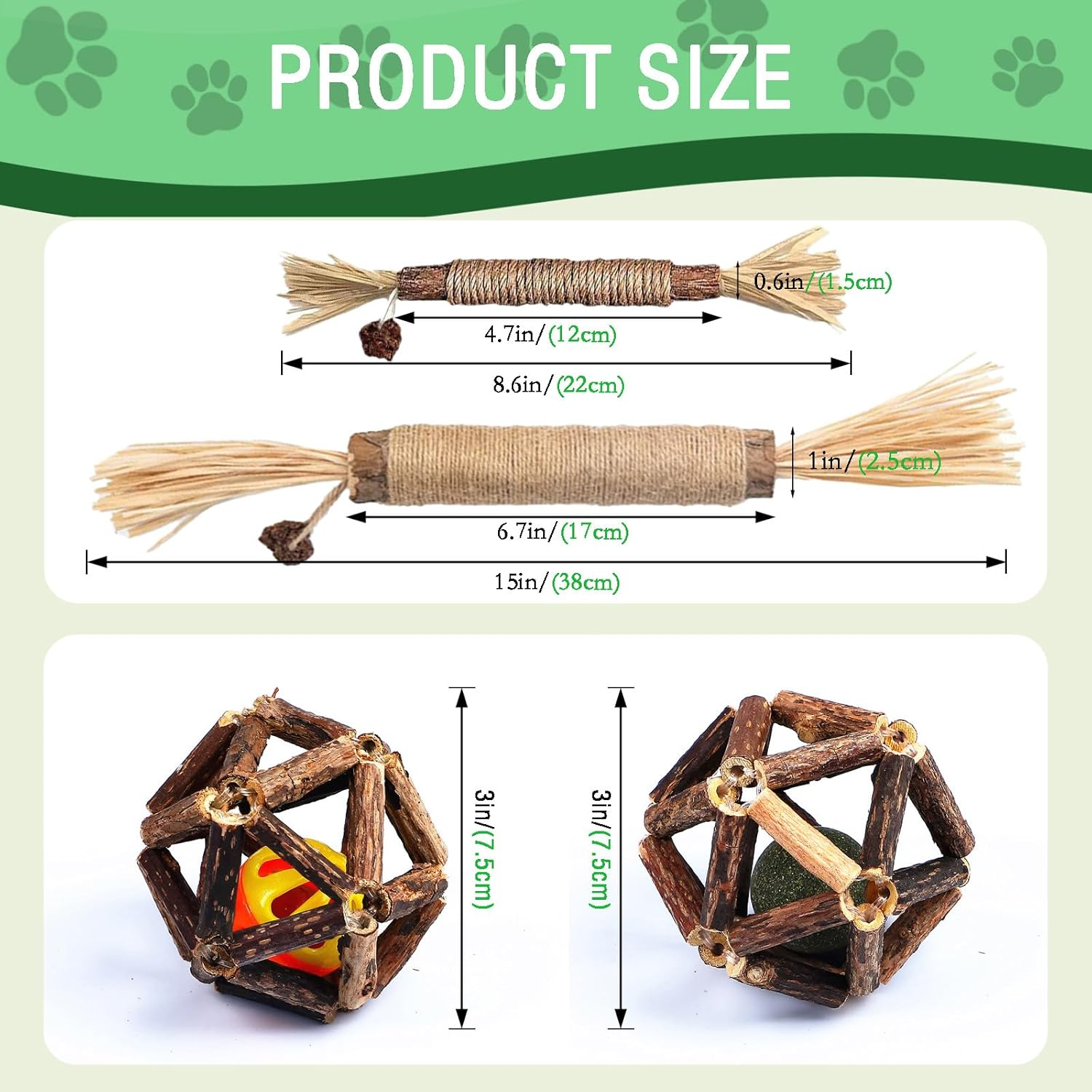 Gdsanlian Cat Chew Toys, 4-Pack Silver Vine Cat Toys, Natural Silver Vine Sticks for Cats, Natural Silver Vine Stick Cage Cat Bell Balls for Cleaning Teeth, Increase Appetite, Suitable for Indoor Cats