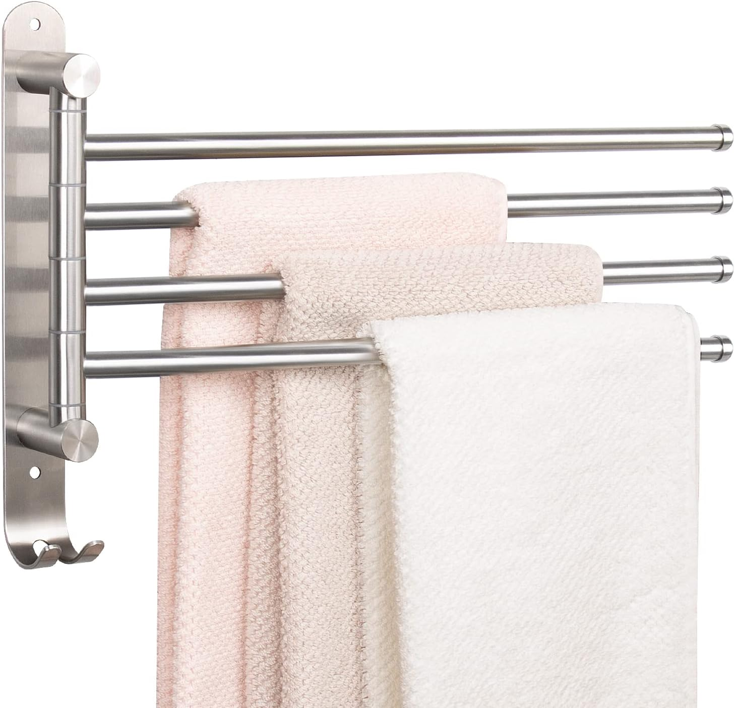 Nearmoon Swivel Towel Rack, Thicken SUS304 Stainless Steel 4-Arm Towel Bar, Space Saving Wall Mounted Towel Holder with Hook, Rustproof Swing Out Towel Hanger for Bathroom, Kitchen (Brushed Nickel)