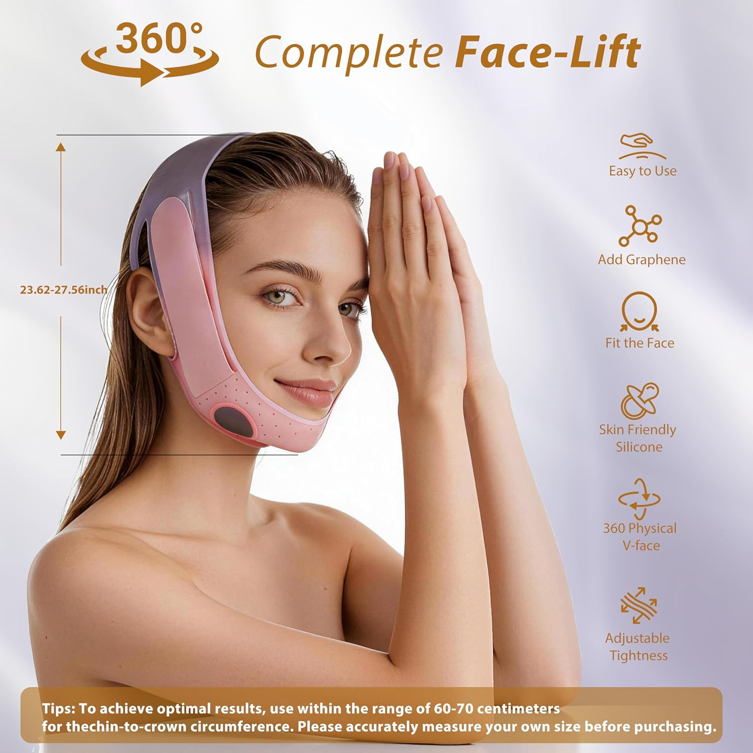 Chin Strap for V-Shape Face, Reusable Graphene Silicone Face Lifting Mask for Jawline Tightening & Double Chin Reduction, Adjustable, Breathable Reusable Jawline Shaper for Women (Pink)