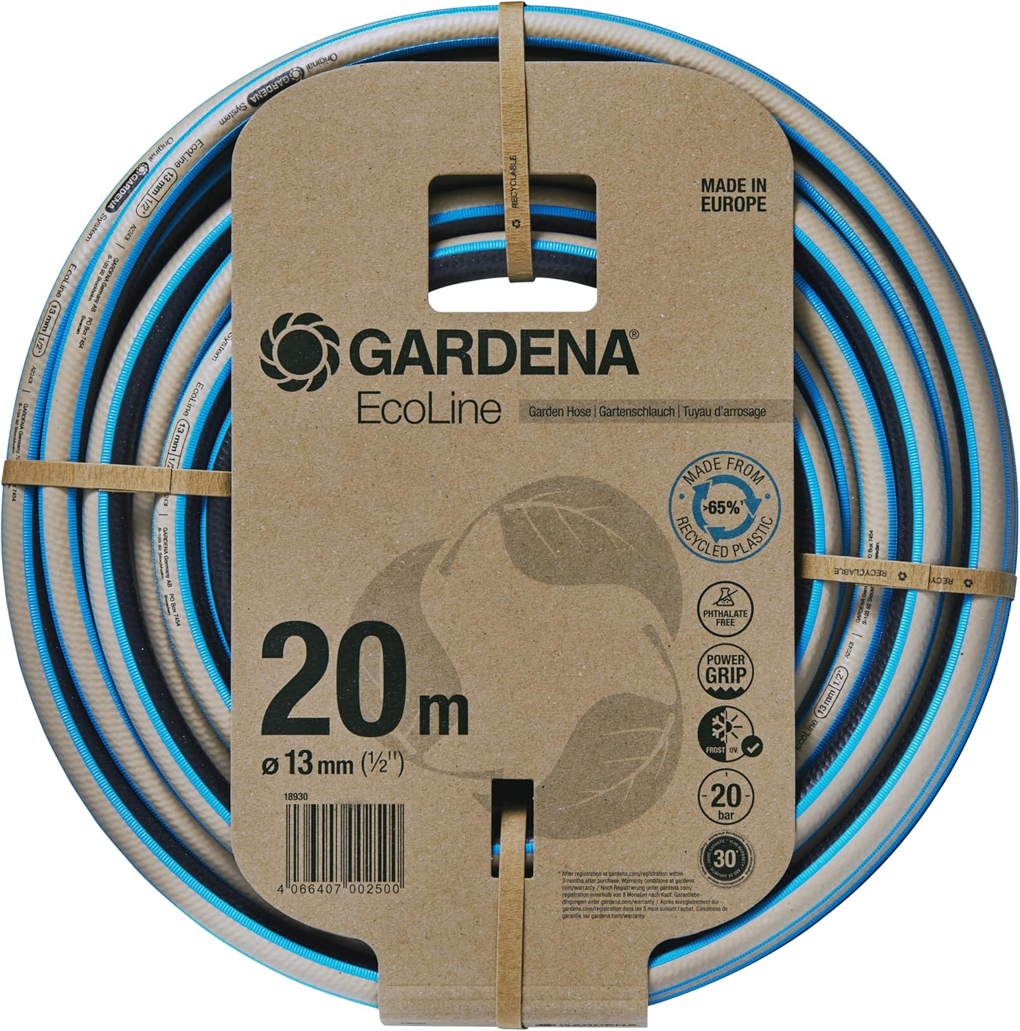 Gardena Ecoline Hose 1/2 Inch, 20 M without System Parts: Sustainable Garden Hose Made from Recycled Plastic, Free of Phthalates and Pollutants, Power Grip, Frost- and Uv-Resistant (18930-20)