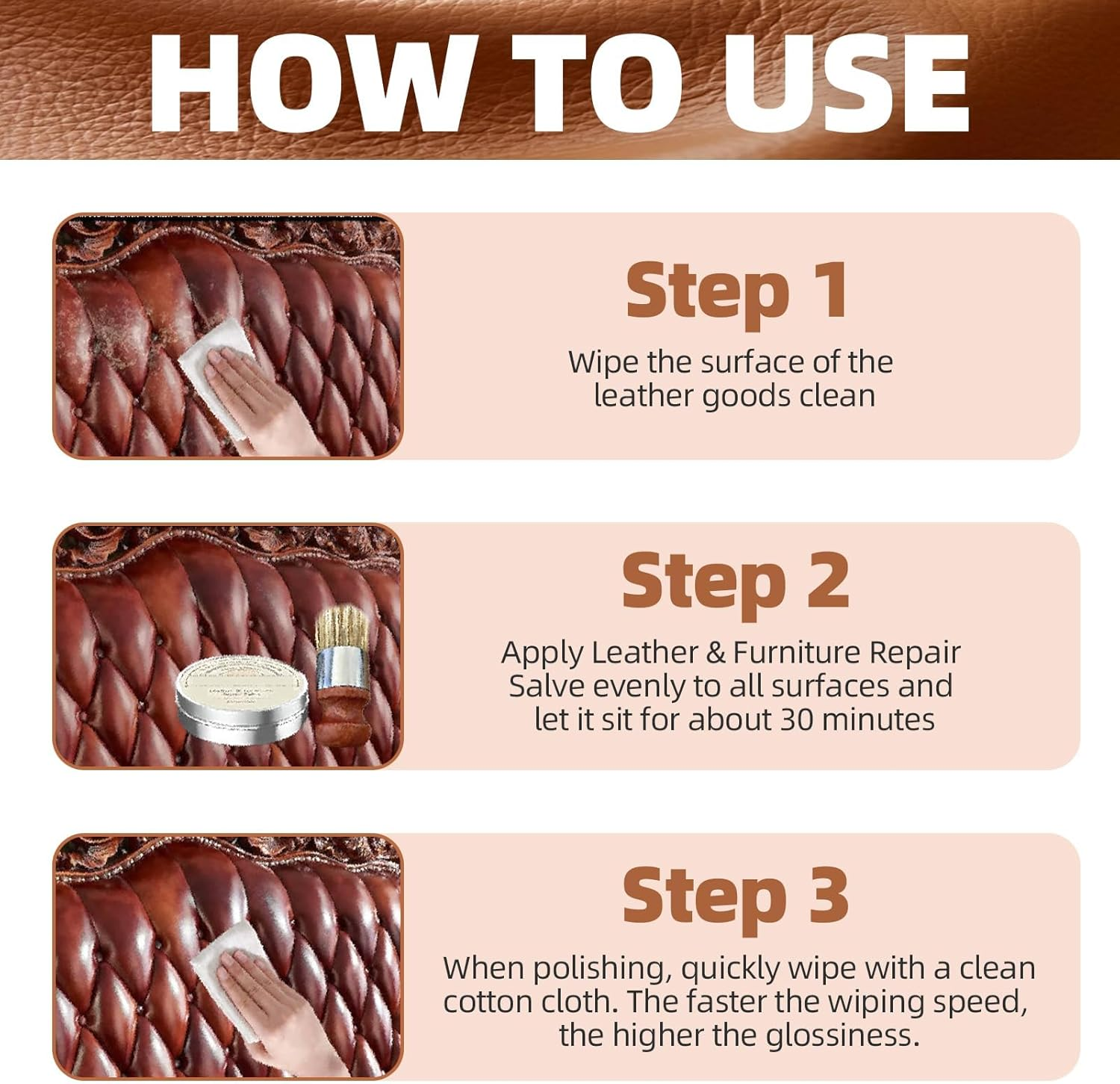 Taimeimao Premium Leather Balm, Organic Leather Care with Beeswax, Intensive Leather Care, Premium Balm, for Care and Cleaning of Bridle Saddles Shoes Leather Clothing, Leather Repair Set image number 4