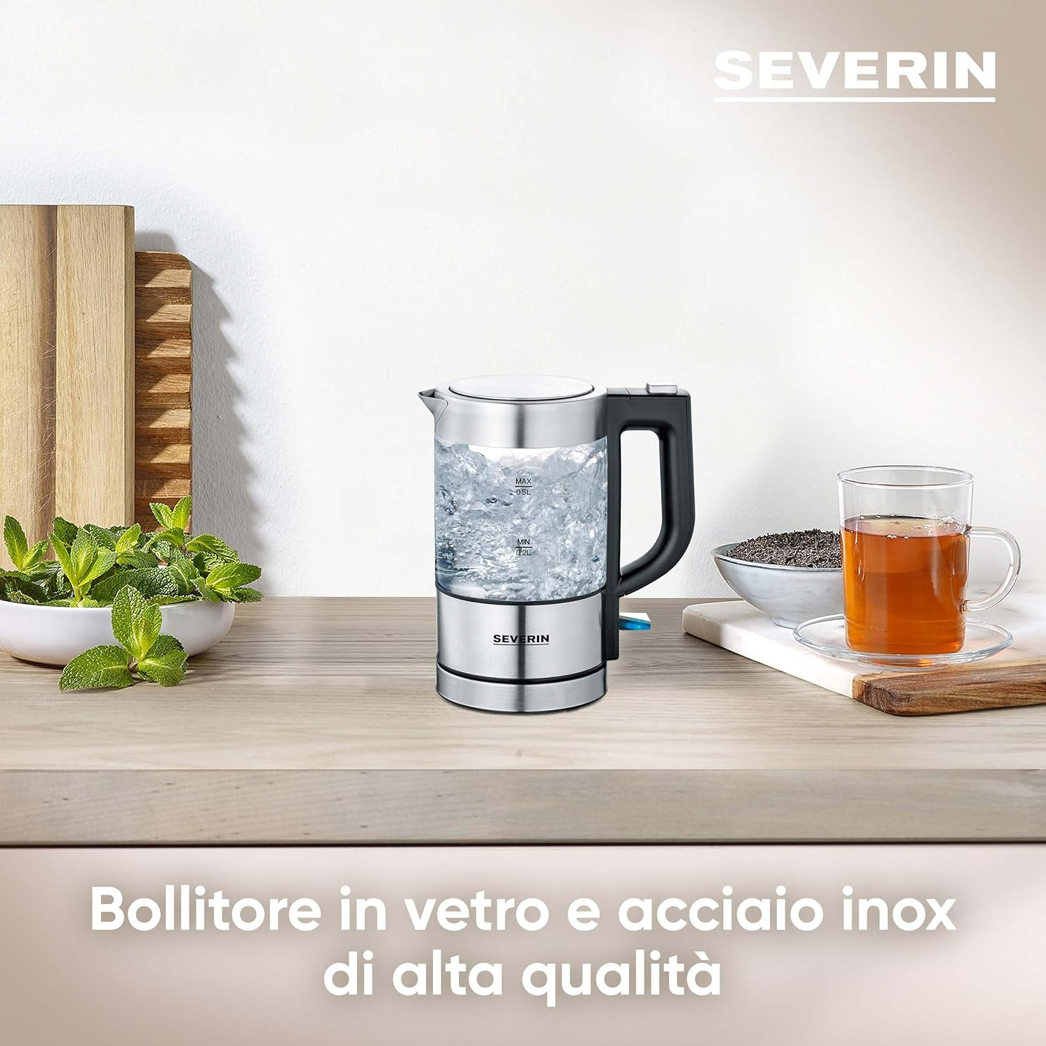 SEVERIN Mini Glass Kettle 0.5 L, Powerful and Compact in High-Quality Design, Electric Kettle with Limescale Filter, Stainless Steel/Black, WK 3472 image number 6