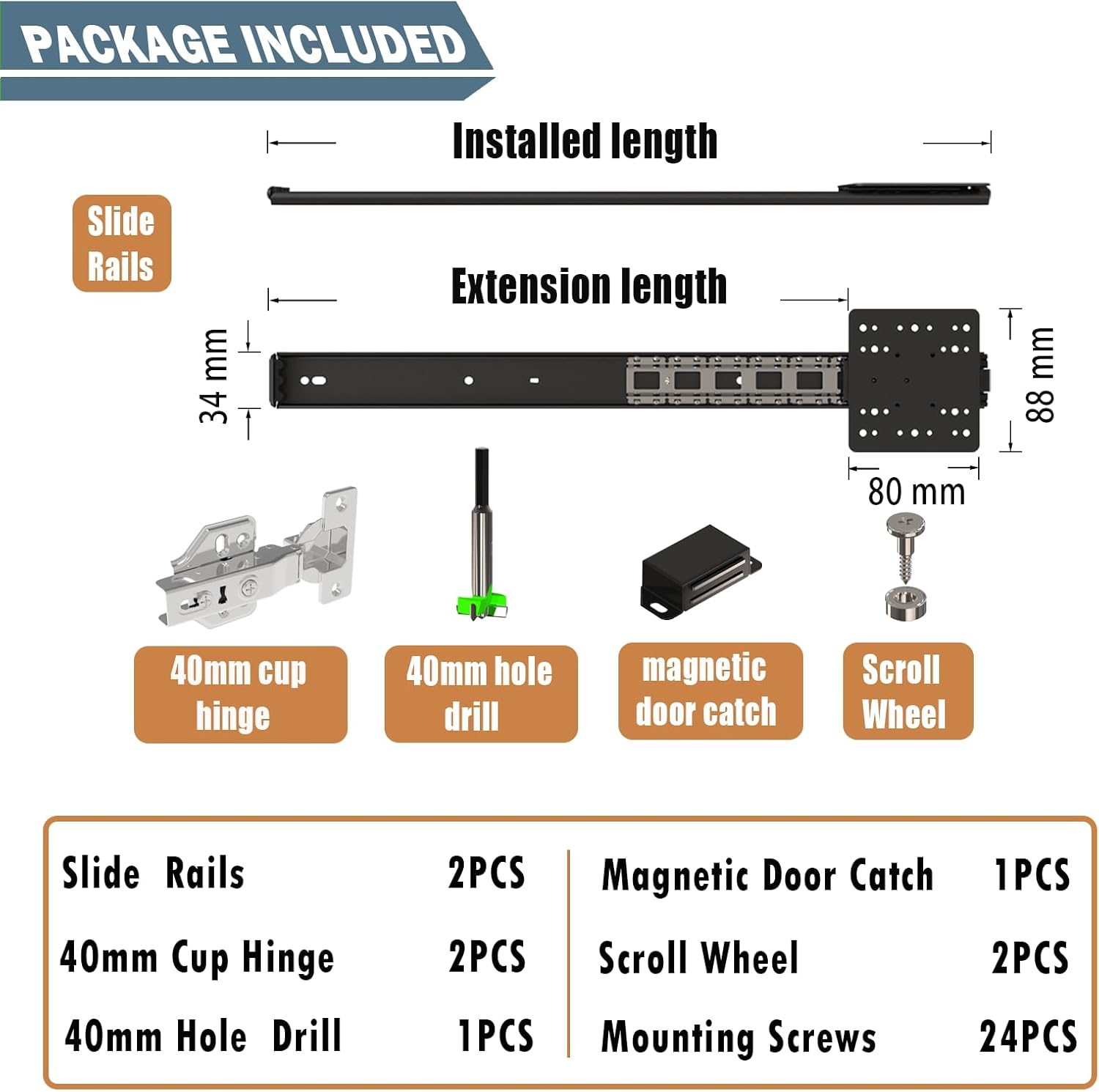 18" Cabinet Pocket Door Slide Hinge Kit 2PCS for Inset Application, Pivot Pocket Door Slides for Cabinet Wiht Hinges, Pivot Sliding Door Runners Hardware System for Cabinet Doors