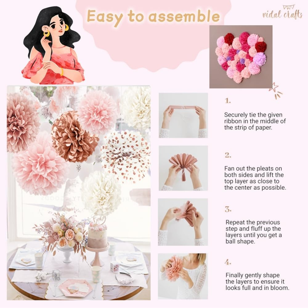 FUNNTY Paper Pom Poms Party Kit-Tissue Pom Poms Paper Flowers Wall Backdrop Centerpieces for Wedding Birthday Baby Shower Bachelorette Bridal Shower Party Supplies（9 Pcs Lotus Pink Color） image number 1