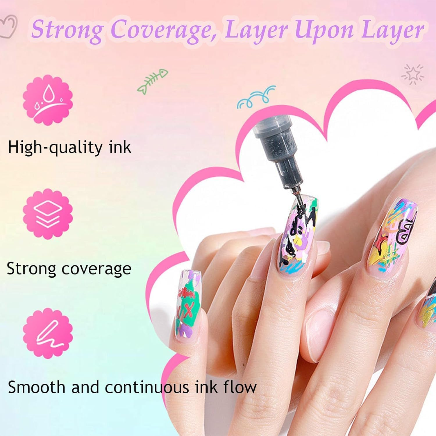 12 Colors Nail Art Pens Set, Quick-Dry Nail Art Markers Polish Pens for Dotting, Line Drawing, Painting & DIY Nail Design Tools (24Pcs) image number 3