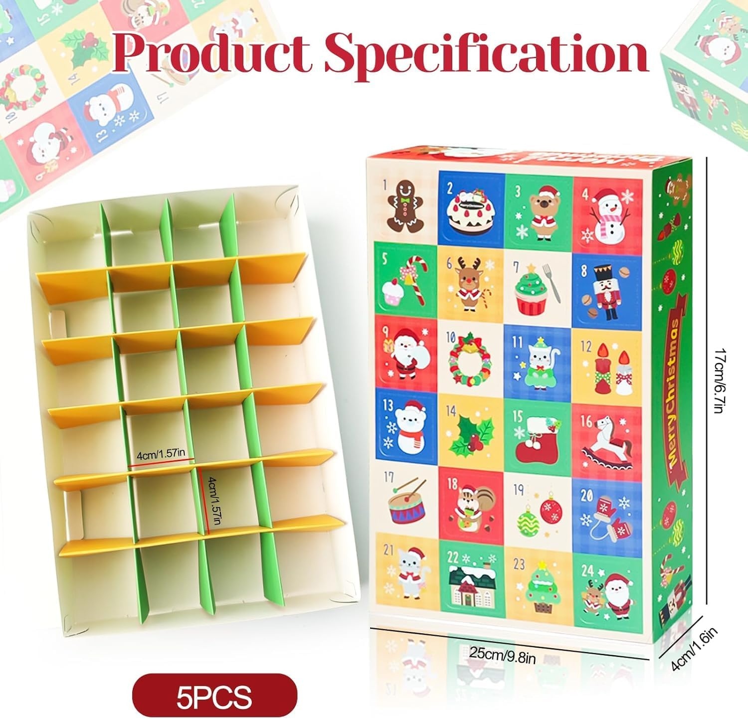 5 Pcs 2025 DIY Christmas Advent Calendar Empty Boxes,Make 24 Days Fillable Countdown Rectangle Boxes Gift,Xmas Surprise Gift Boxes,For Adults/Kids (25 * 17 * 4 Cm) image number 6