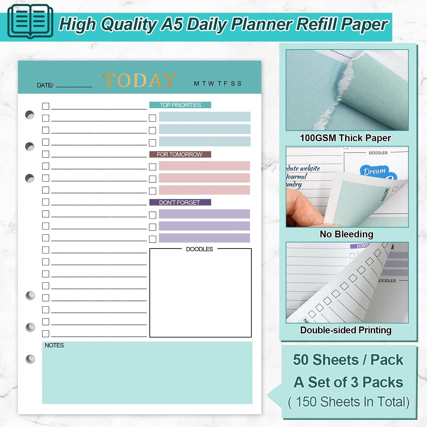 A5 Refill Paper Planner Inserts, 3 Pack 6 Holes Loose Leaf Refill Paper, 300 Pages Budget Planner Binder Inserts Journals Notebook for Memo, to Do List, Planners 21 X 14.2Cm