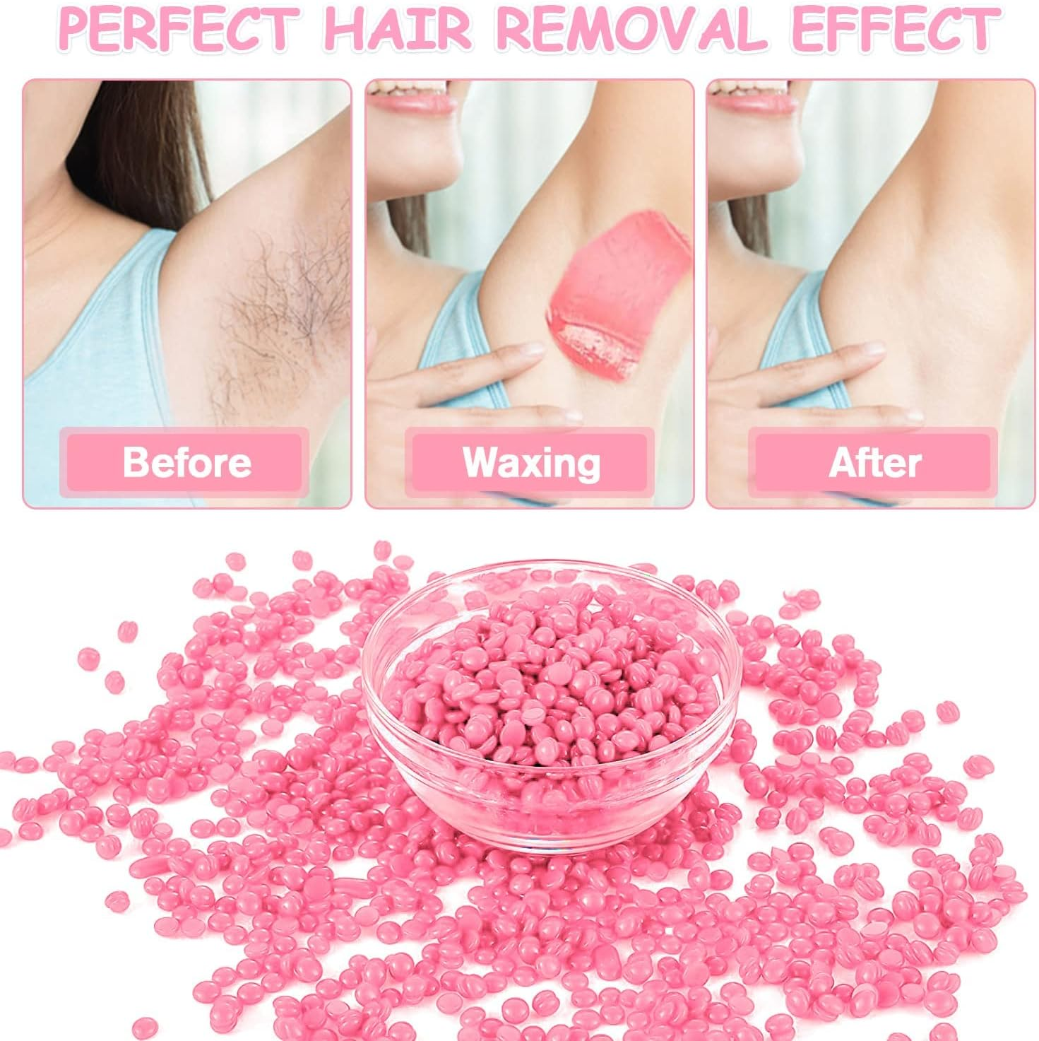 500G Hard Wax Beads for Hair Removal with 10 Sticks, Wax Beads for Sensitive Skin, Body Wax Beads for Thick Hair, Waxing Beads for Face, Eyebrows, Body, Home(100G/Pack) (5 Pack, Rose)