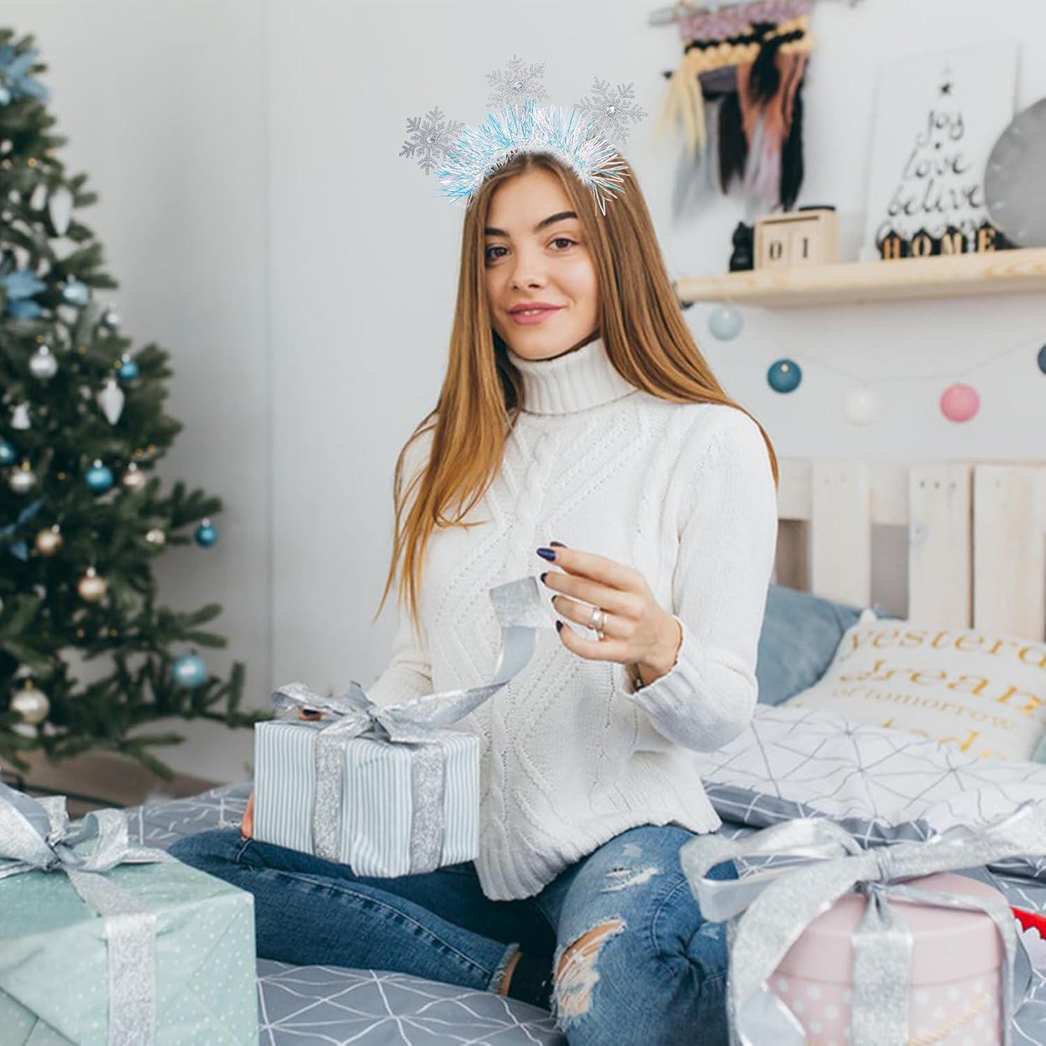 NICENEEDED Christmas Headbands, Glittering Snowflakes Headpiece with Rhinestones for Women, Halloween, Party, Cosplay, Costume Decorations for Adults