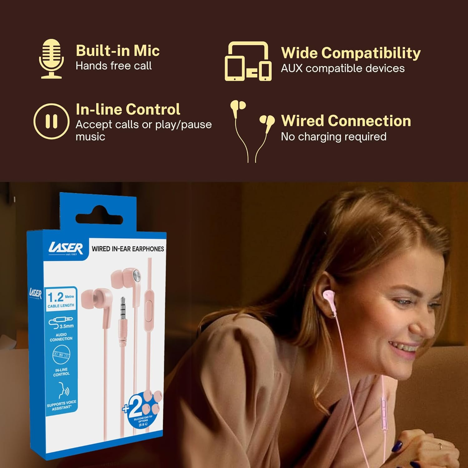 LASER EPS-W24BK-941 Laser In-Ear Wired Earphones Rose, Built-In Mic, 1.2M, 3.5Mm Audio Jack, Smartphone, PC, Supports Voice Assistant image number 6