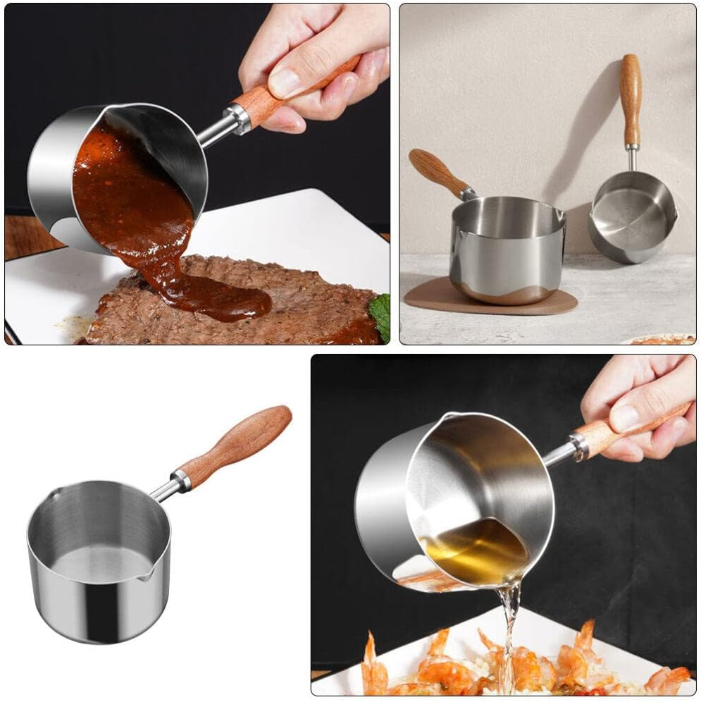 Alipis Stainless Steel Sauce Pan with Pour Spout, 300Ml Small Pasta Pot Wood Handle Cooking Pot Mini Butter Warmer Saucepan Milk Pot Wax Melting Pot Measuring Cup