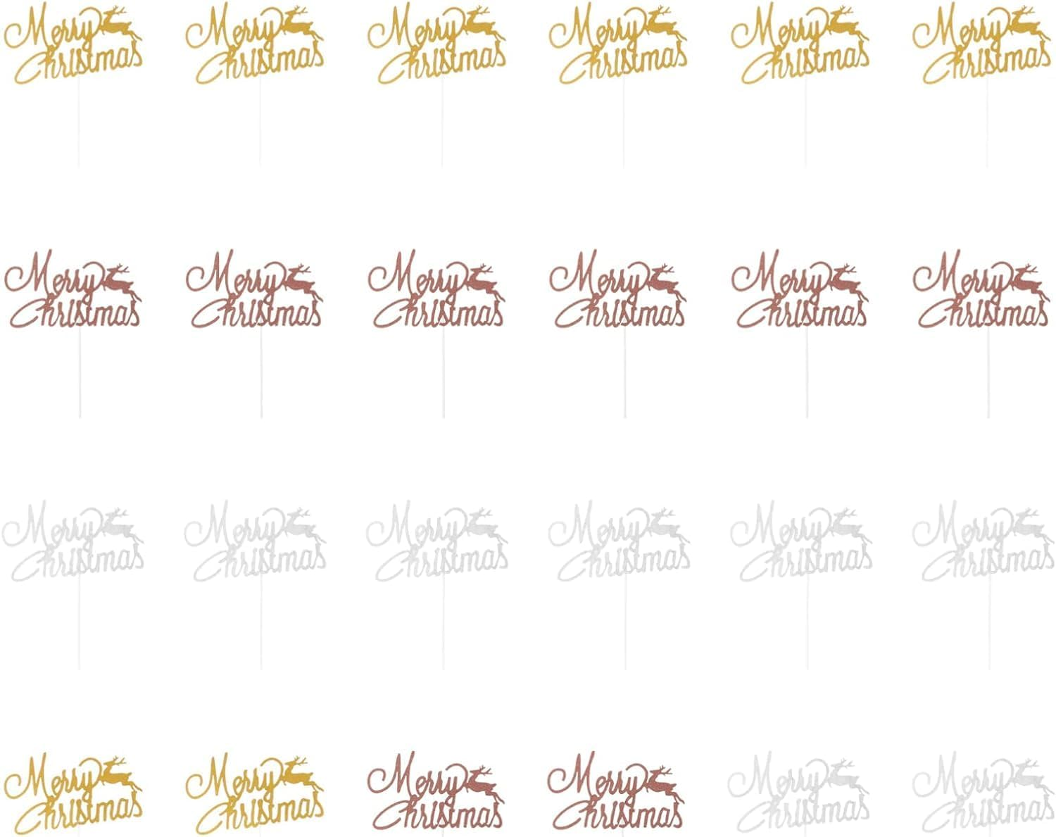 24Pcs Merry Christmas Cake Toppers Reindeer Xmas Cupcake Toppers Christmas Cake Decorations Holiday Party Supplies (Gold Rose Gold Silver) image number 1