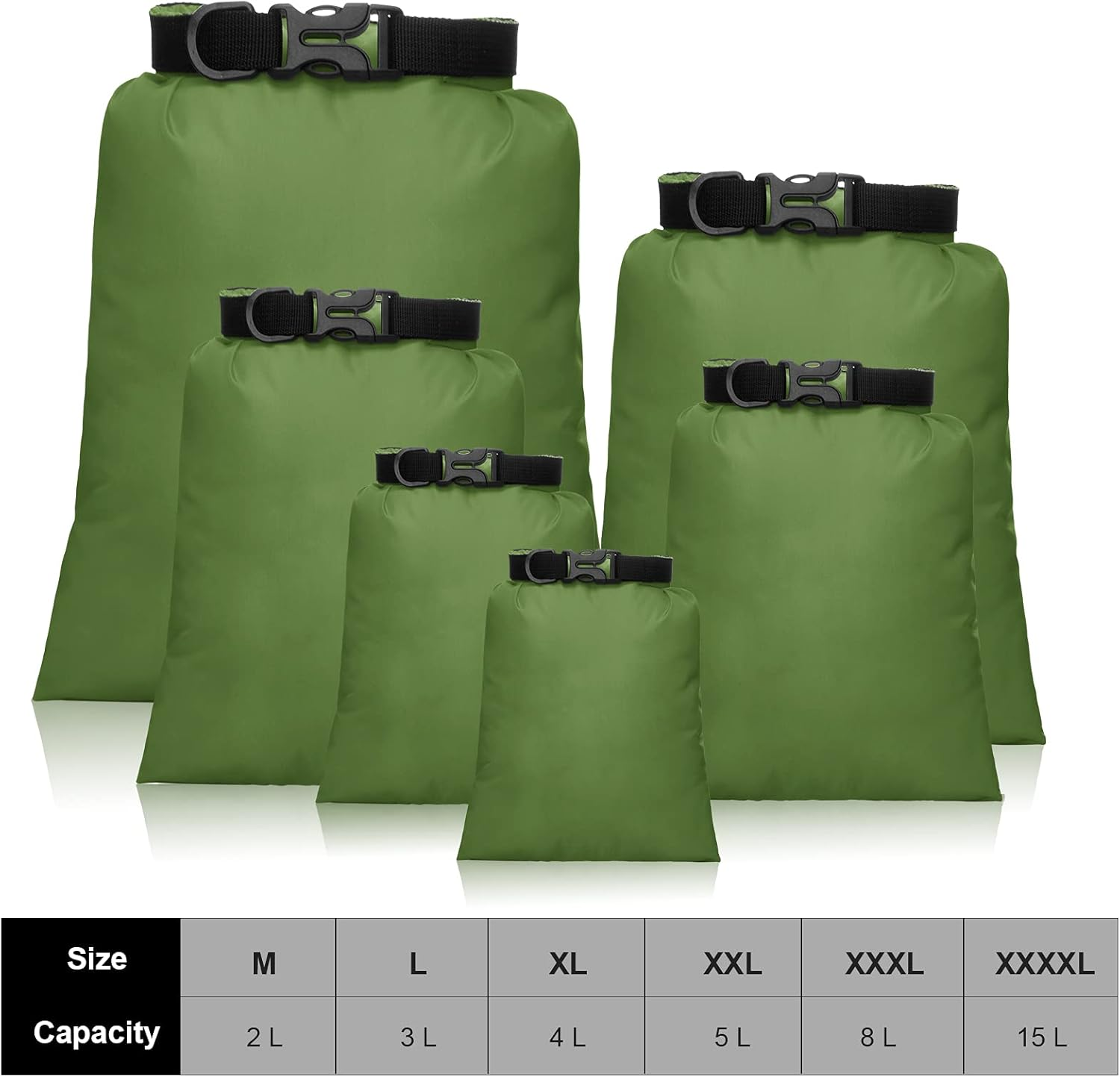 Shappy 6 Pcs Waterproof Dry Bag Set 6 Sizes Lightweight Sacks and Long Adjustable Shoulder Strap Outdoor Water Proof Keep Gear Dry Bag Stuff Sacks for Backpacking, Boating, Hiking, Camping (Green) image number 4