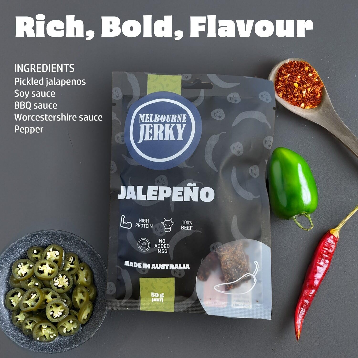 Melbourne Jerky, Premium Beef Jerky, MSA Grade, High-Protein Snack, Wholesome, Tender, Juicy, Flavourful, Australian Made, Ready-To-Eat, Healthy Snack Alternative, Jalapeno Flavour, 50G image number 1