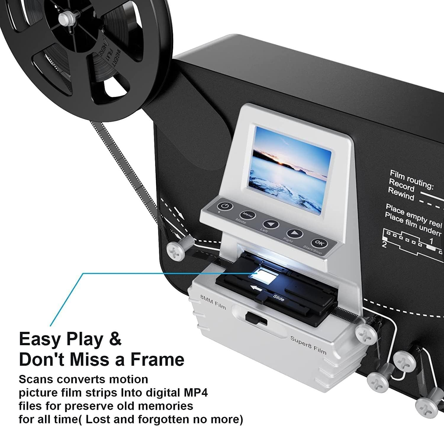 8Mm & Super 8 Film to Digital Converter, Film Scanner Digitizer with 2.4" Screen, Convert 3&rdquo;5&rdquo;7&rdquo;9&rdquo;Reels View Frame by Frame into 1080P Digital MP4 Files,Sharing & Saving on 32GB SD Card image number 5