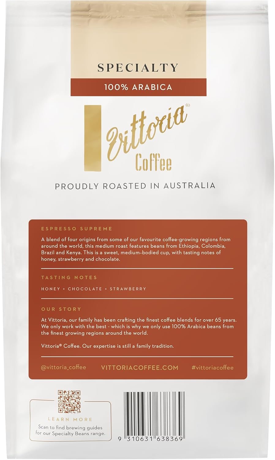 Vittoria Coffee Espresso 100% Arabica Supreme Specialty Coffee Beans. Medium Roast Profile with Tasting Notes of Honey, Strawberry and Chocolate. - 500G image number 3