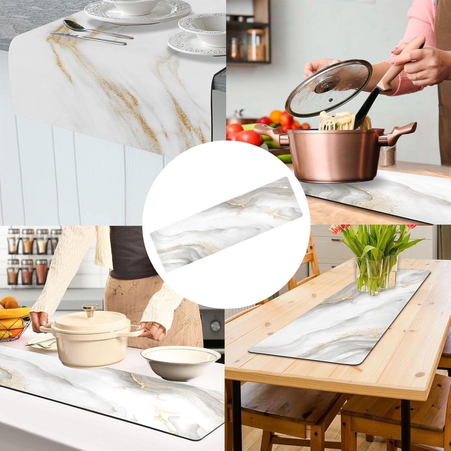 Thermo Heat Resistant Table Runner and Trivet for Hot Dishes - Waterproof Hot Plates to Protect Table and Countertop - Kitchen & Dining 350F Heat Protector 40" - White Golden Marble image number 4
