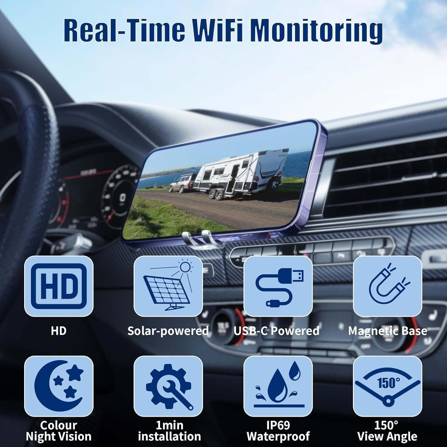 7JI Wifi Magnetic Solar Wireless Backup Camera, Rechargeable 1080P Rear View Camera for Truck RV Trailer Car, DVR Recording Night Vision, IP68 Waterproof, Easy Installation image number 1