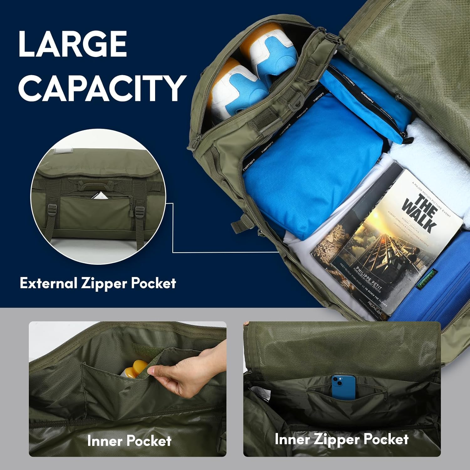 Haimont Large Duffle Bag Backpack for Men Women, 60L Convertible Travel Duffel Bags with Shoes Compartment, Carry on Durable Duffle for Sports Gym Hiking Camping, Army Green image number 6