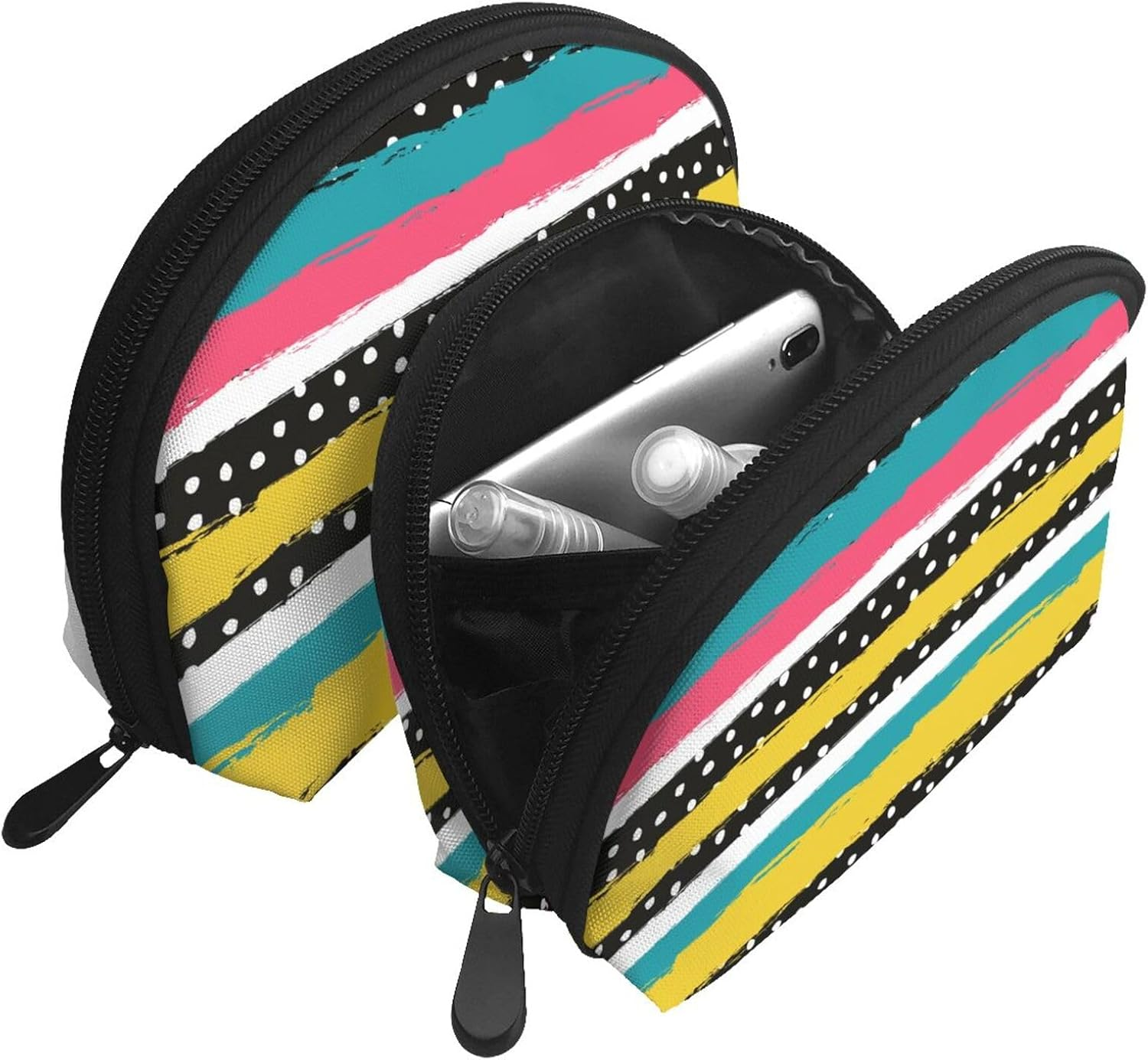 Cozimangoe Coin Pouch Makeup Bags Set, 2 Piece Shell Shape Cosmetic Bag with Pockets for Daily Travel Handbag Lipstick Keys Toiletry, Personalized Dots Striped image number 1