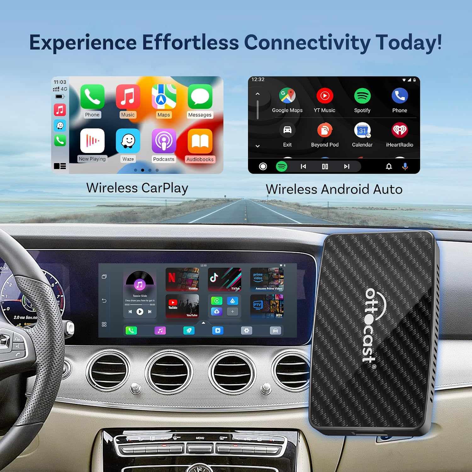 OTTOCAST Play2Video Pro, Android Carplay Ai Box & Wireless Carplay Adapter & Wireless Android Auto Adapter 3 in 1, Built-In Youtube, Netflix, IPTV, Tiktok, Prime Video, 5 Video APP image number 2