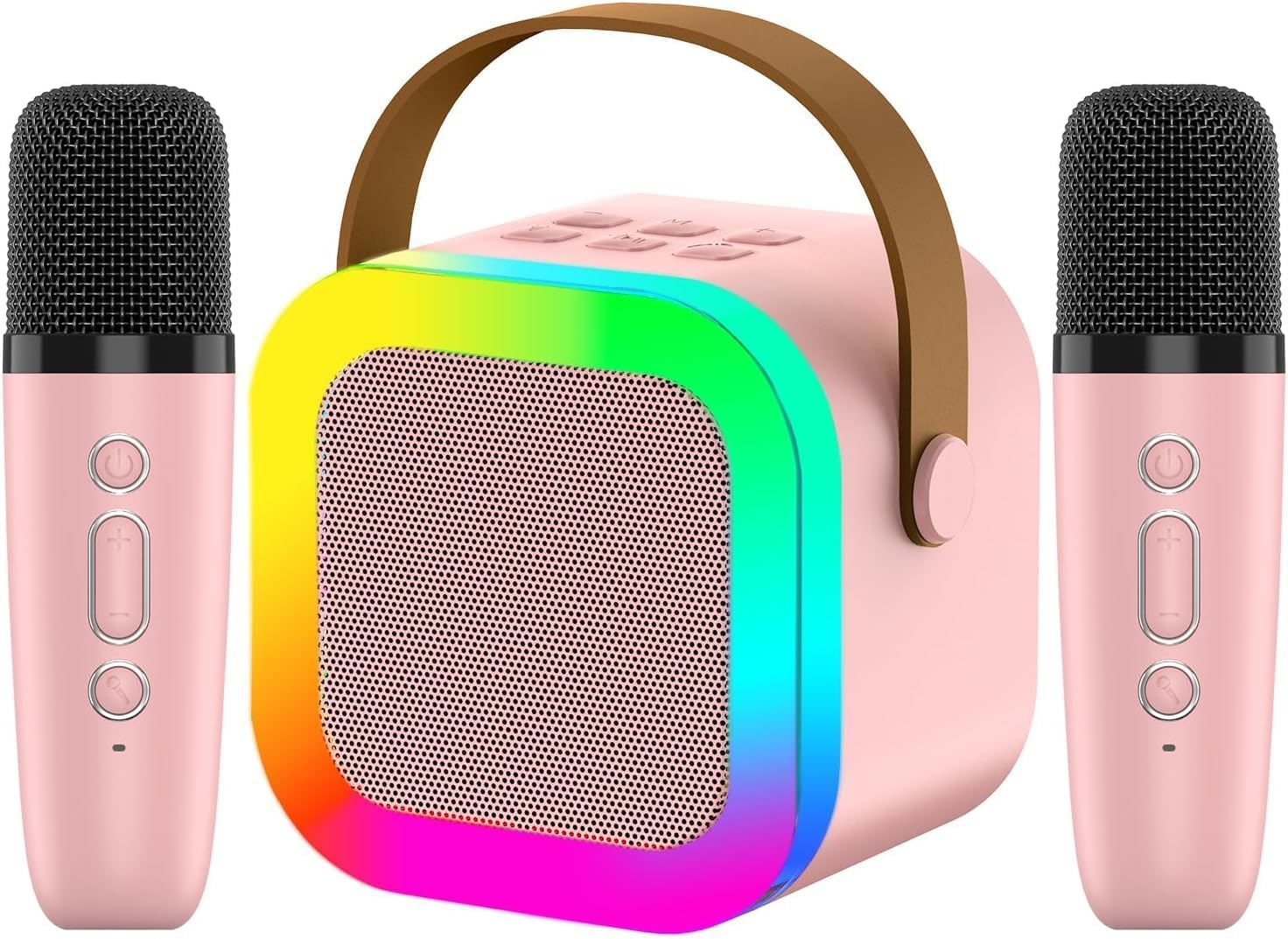 Karaoke Machine for Kids, Mini Portable Bluetooth Karaoke Speaker with 2 Wireless Mics and Led Colorful Lights for Kids Adults, Gifts Toys for Girls Boys Family Home Party (Pink) image number 3