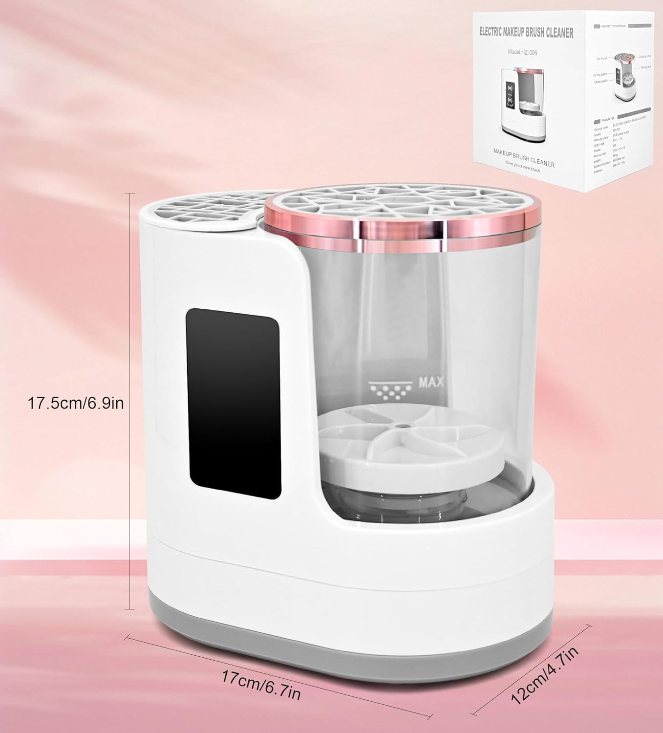 Makeup Brush Cleaner and Dryer with Touch Control, Automatic 5-Min Countdown Cleaning Brushes, Dual-Direction Spin, 2H/5H Air Drying, Wet-Dry Separation &ndash; 3 in 1 Electric Brush Washer for Multiple Brush Sizes